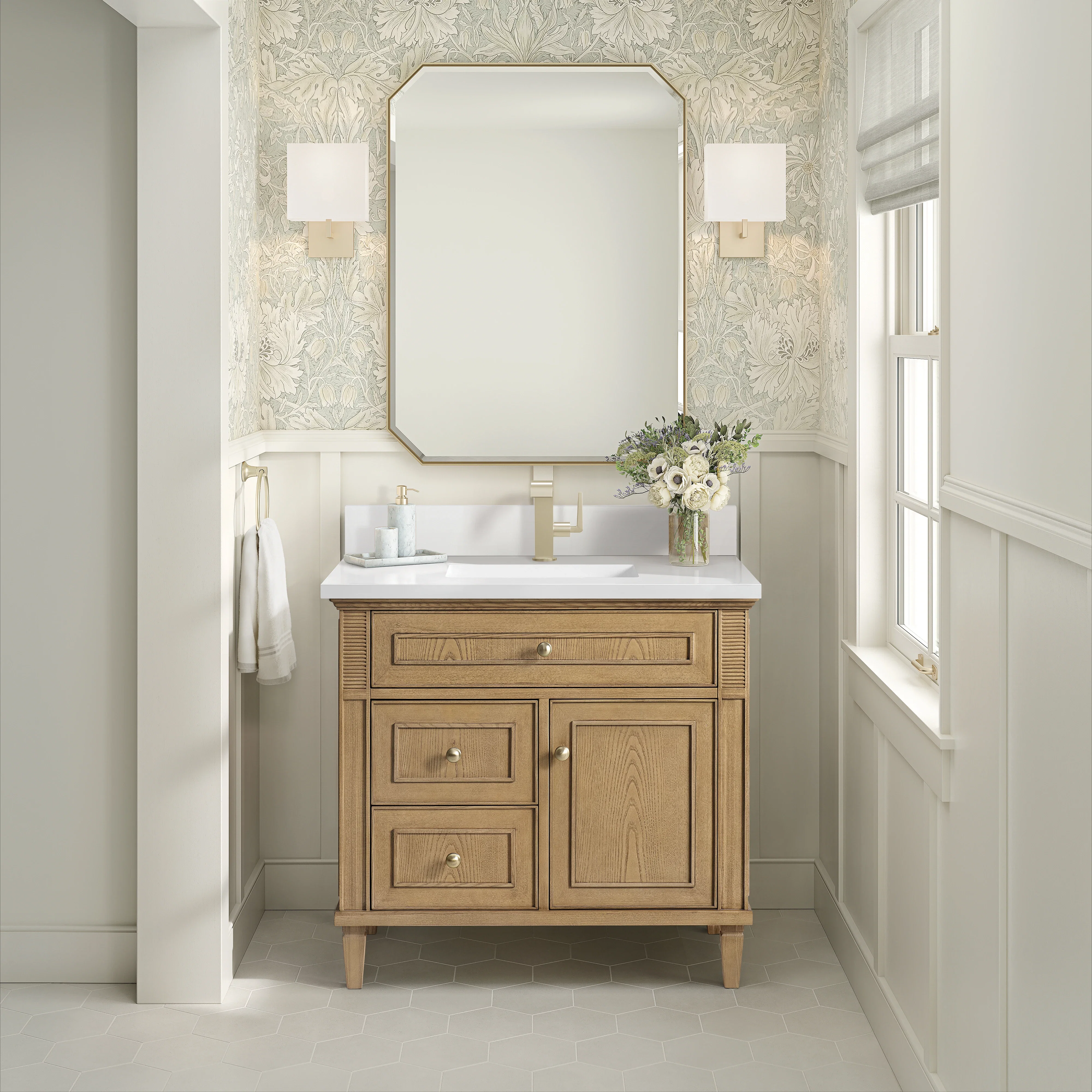 Lorelai 36" Single Vanity, Light Natural Oak w/ Single Hole 3 CM White Zeus Silestone Top & Backsplash