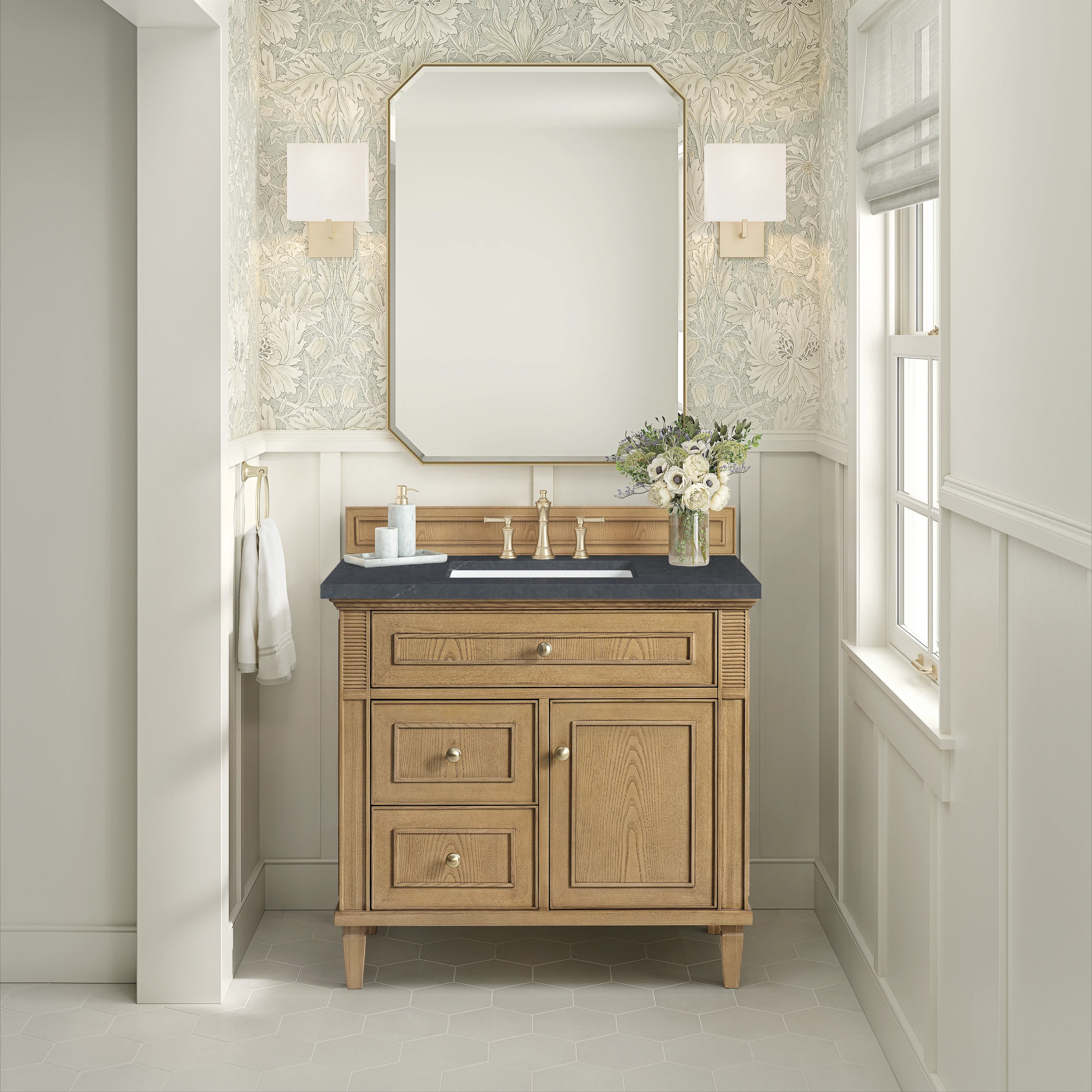 Lorelai 36" Single Vanity, Light Natural Oak w/ 3 CM Charcoal Soapstone Silestone Top