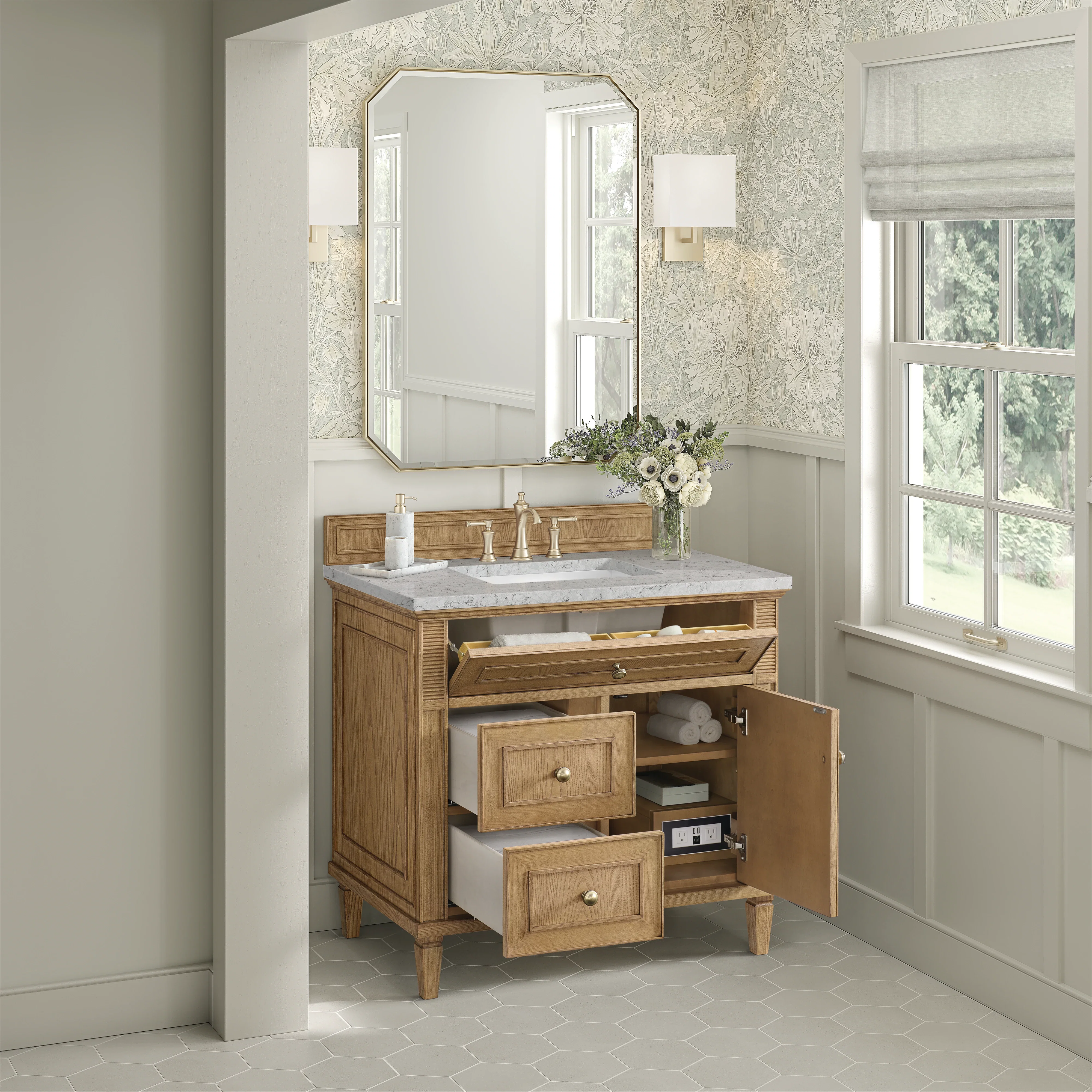Lorelai 36" Single Vanity, Light Natural Oak w/ 3 CM Eternal Jasmine Pearl Silestone Top