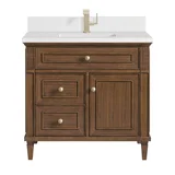 Lorelai 36" Single Vanity, Mid-Century Walnut w/ Single Hole 3 CM White Zeus Silestone Top & Backsplash