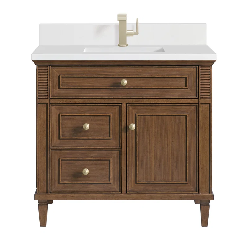 Lorelai 36" Single Vanity, Mid-Century Walnut w/ Single Hole 3 CM White Zeus Silestone Top & Backsplash