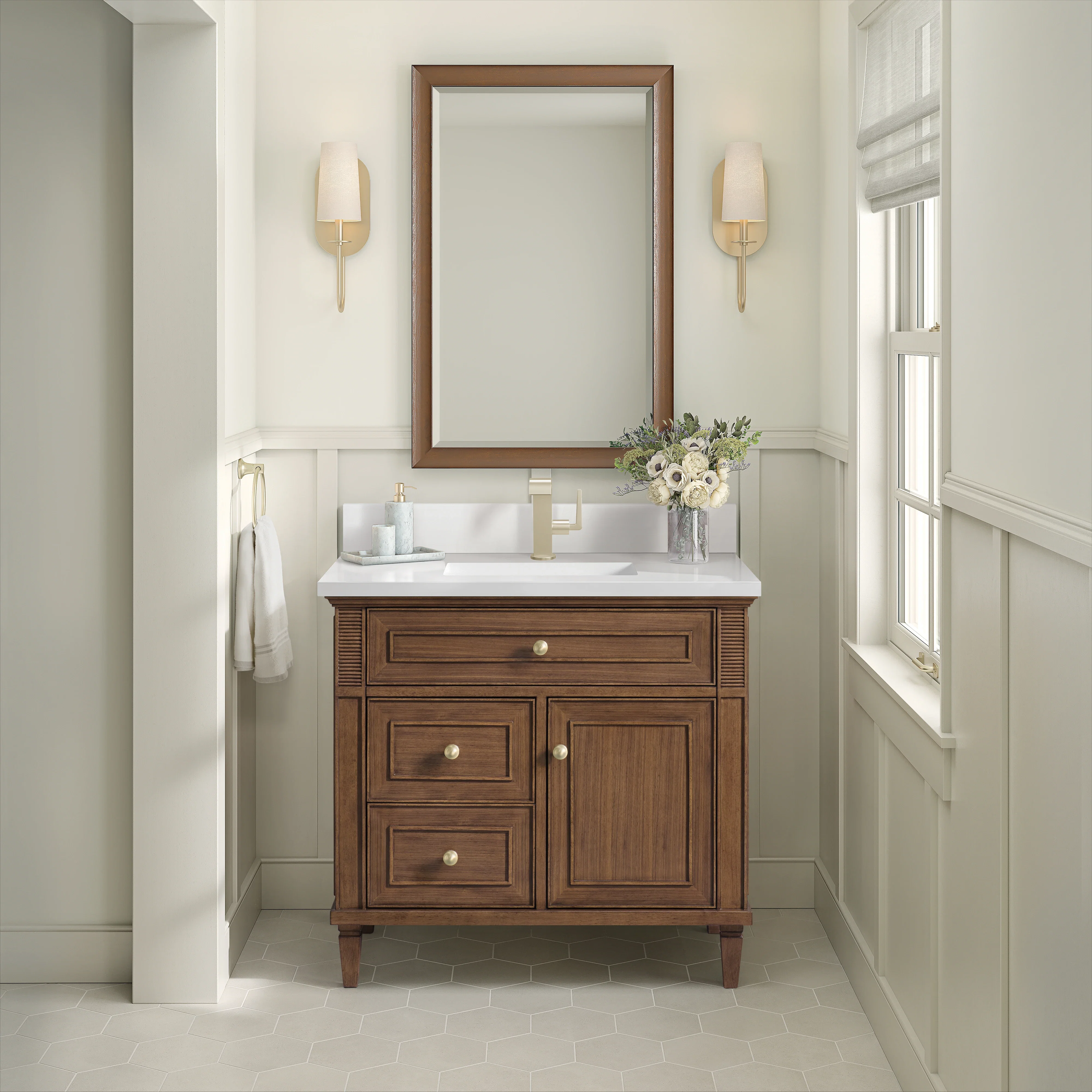 Lorelai 36" Single Vanity, Mid-Century Walnut w/ Single Hole 3 CM White Zeus Silestone Top & Backsplash
