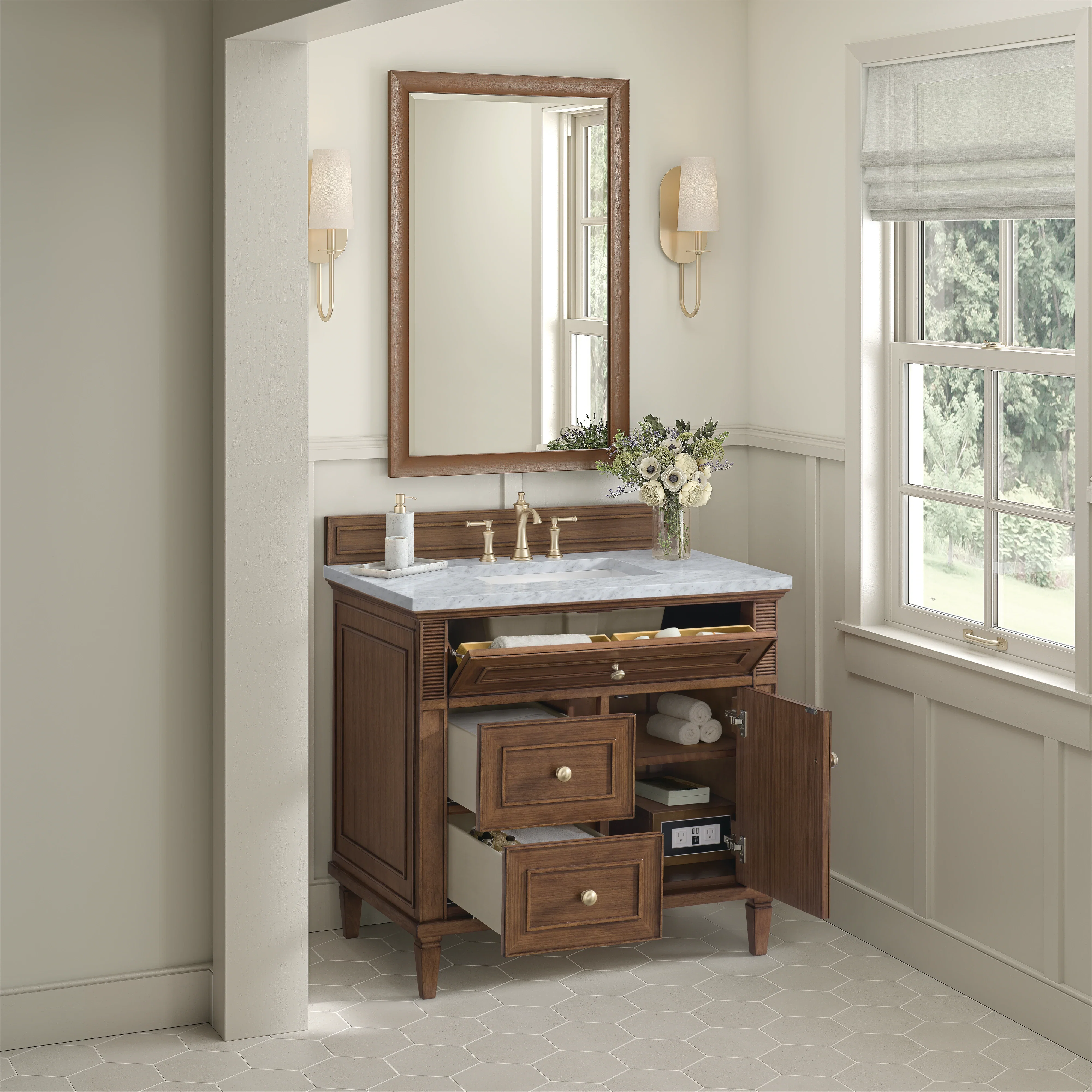 Lorelai 36" Single Vanity, Mid-Century Walnut w/ 3 CM Carrara White Marble Top