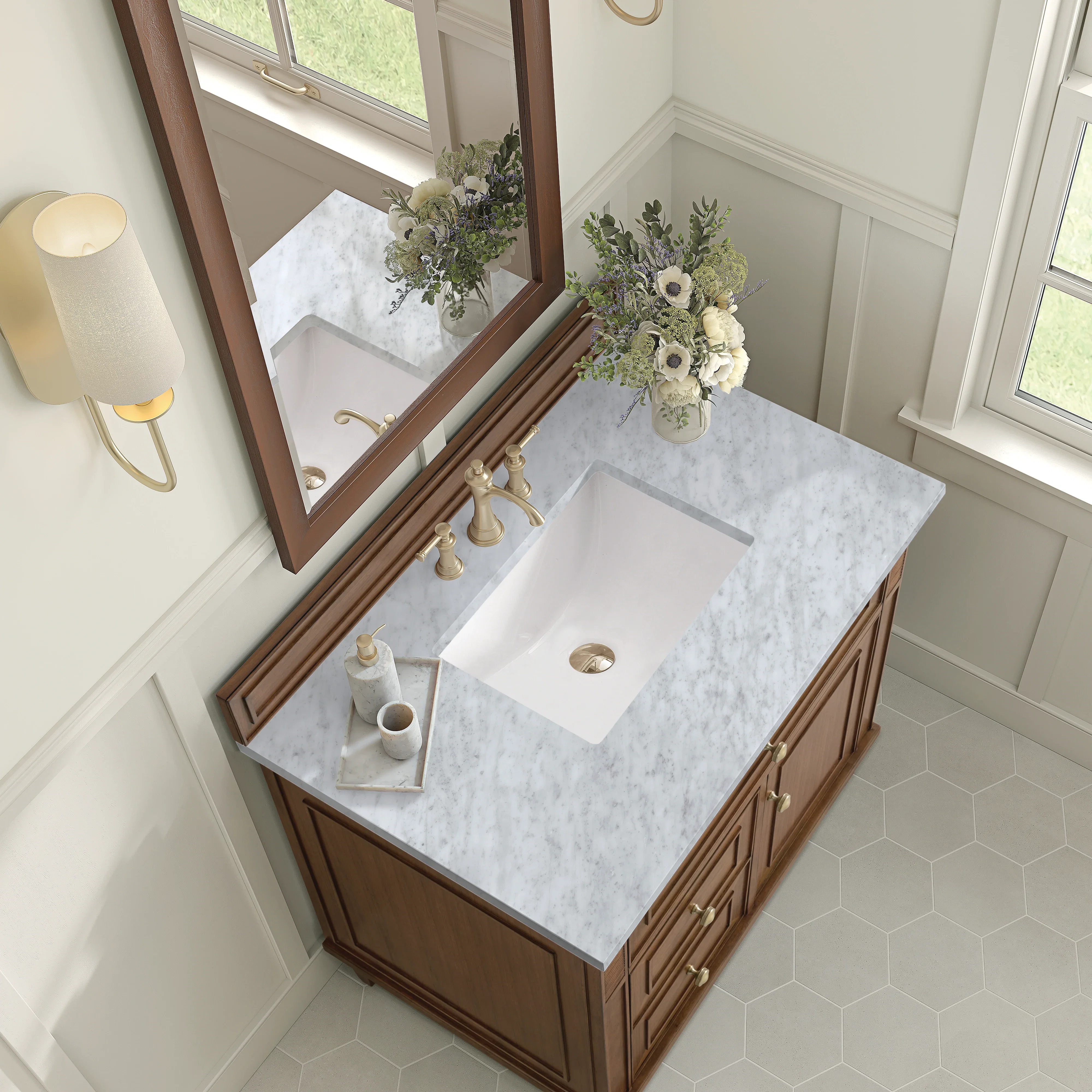 Lorelai 36" Single Vanity, Mid-Century Walnut w/ 3 CM Carrara White Marble Top