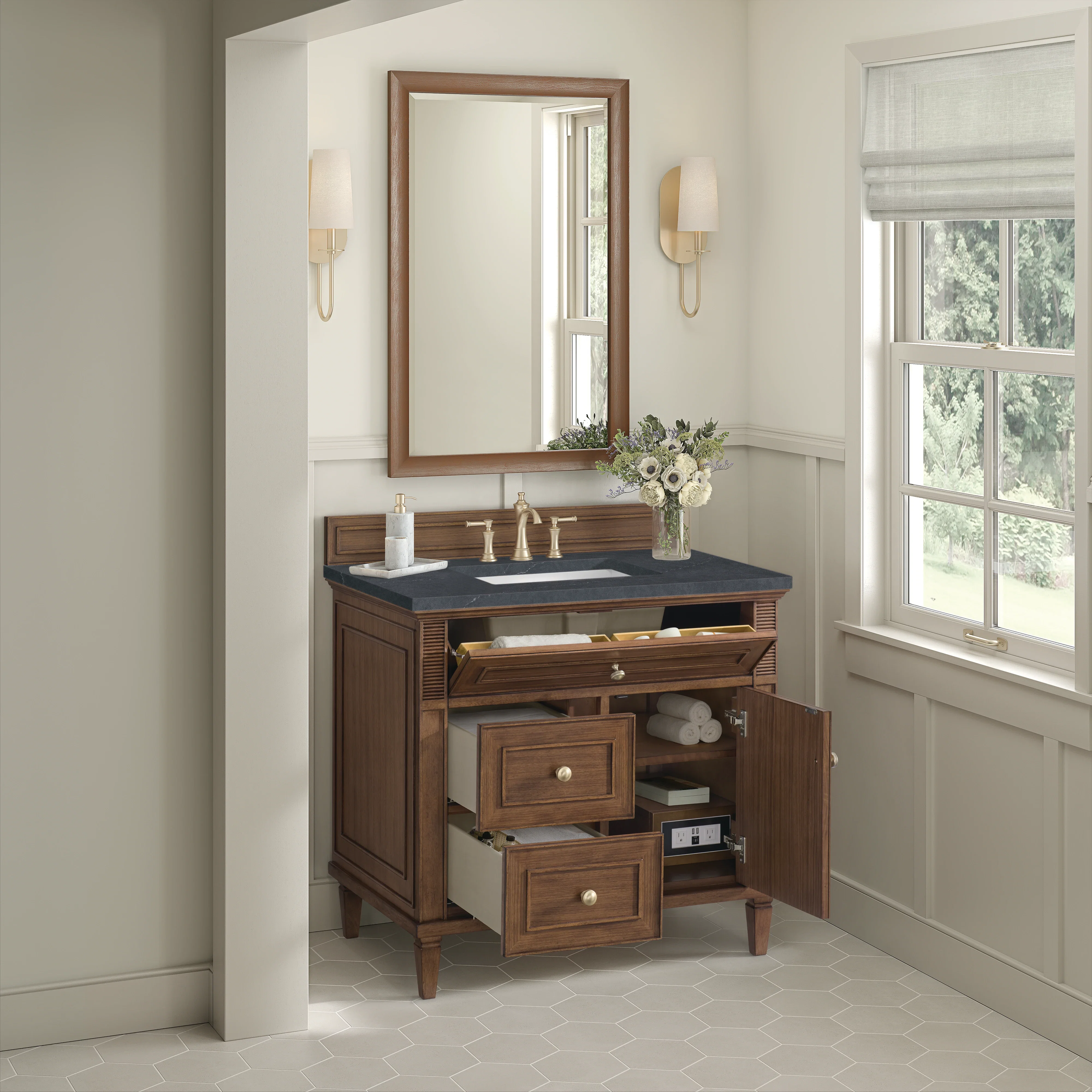 Lorelai 36" Single Vanity, Mid-Century Walnut w/ 3 CM Charcoal Soapstone Silestone Top