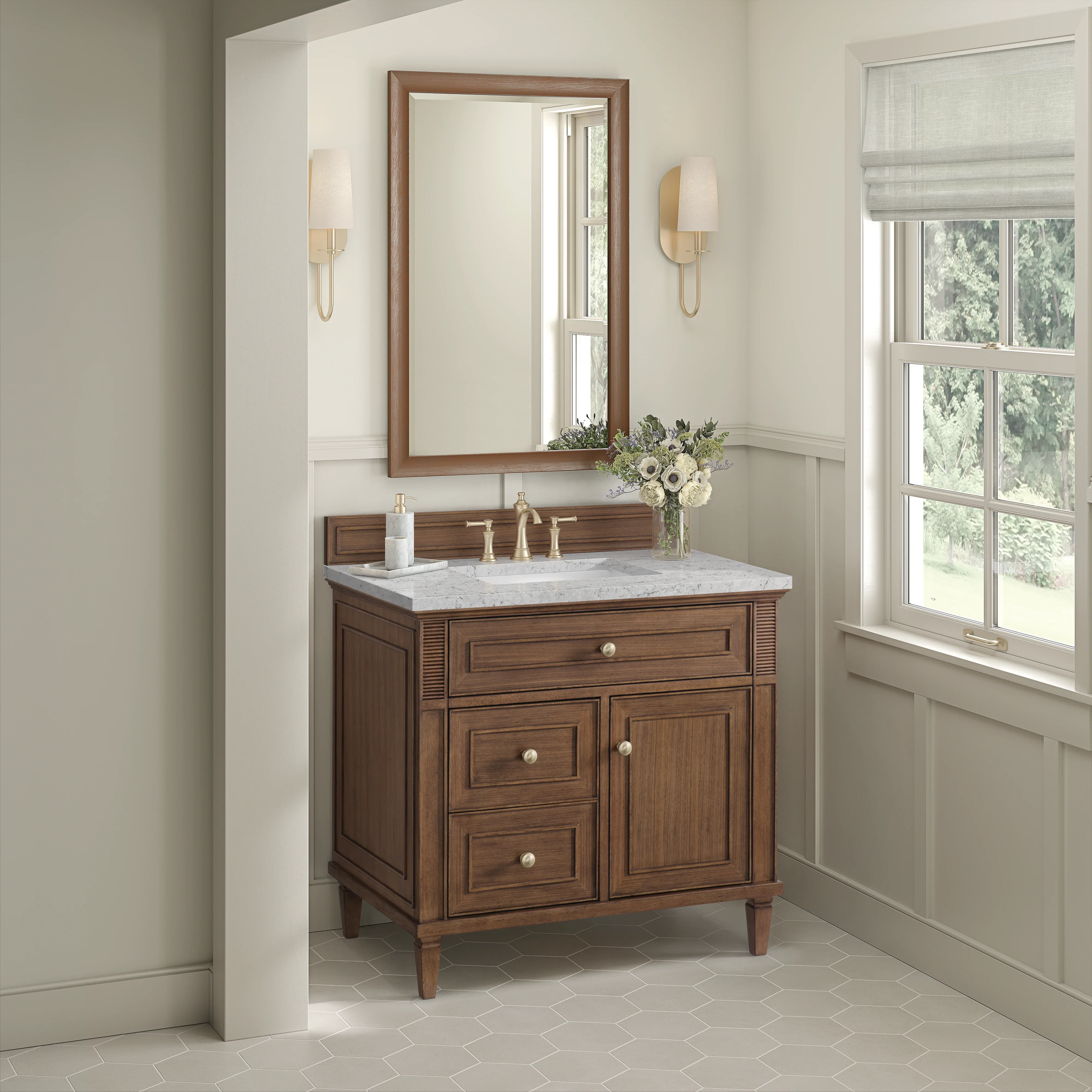 Lorelai 36" Single Vanity, Mid-Century Walnut w/ 3 CM Eternal Jasmine Pearl Silestone Top