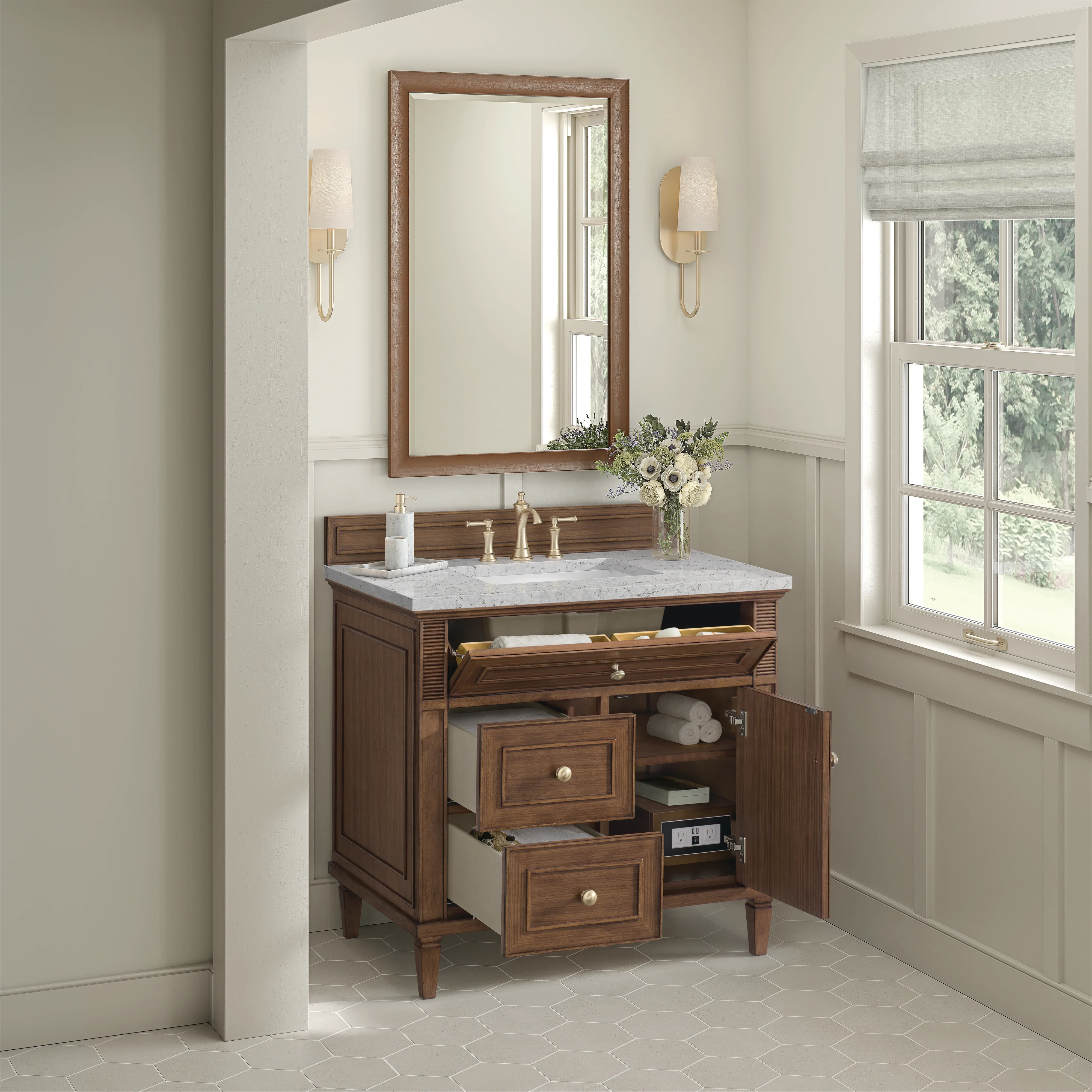 Lorelai 36" Single Vanity, Mid-Century Walnut w/ 3 CM Eternal Jasmine Pearl Silestone Top
