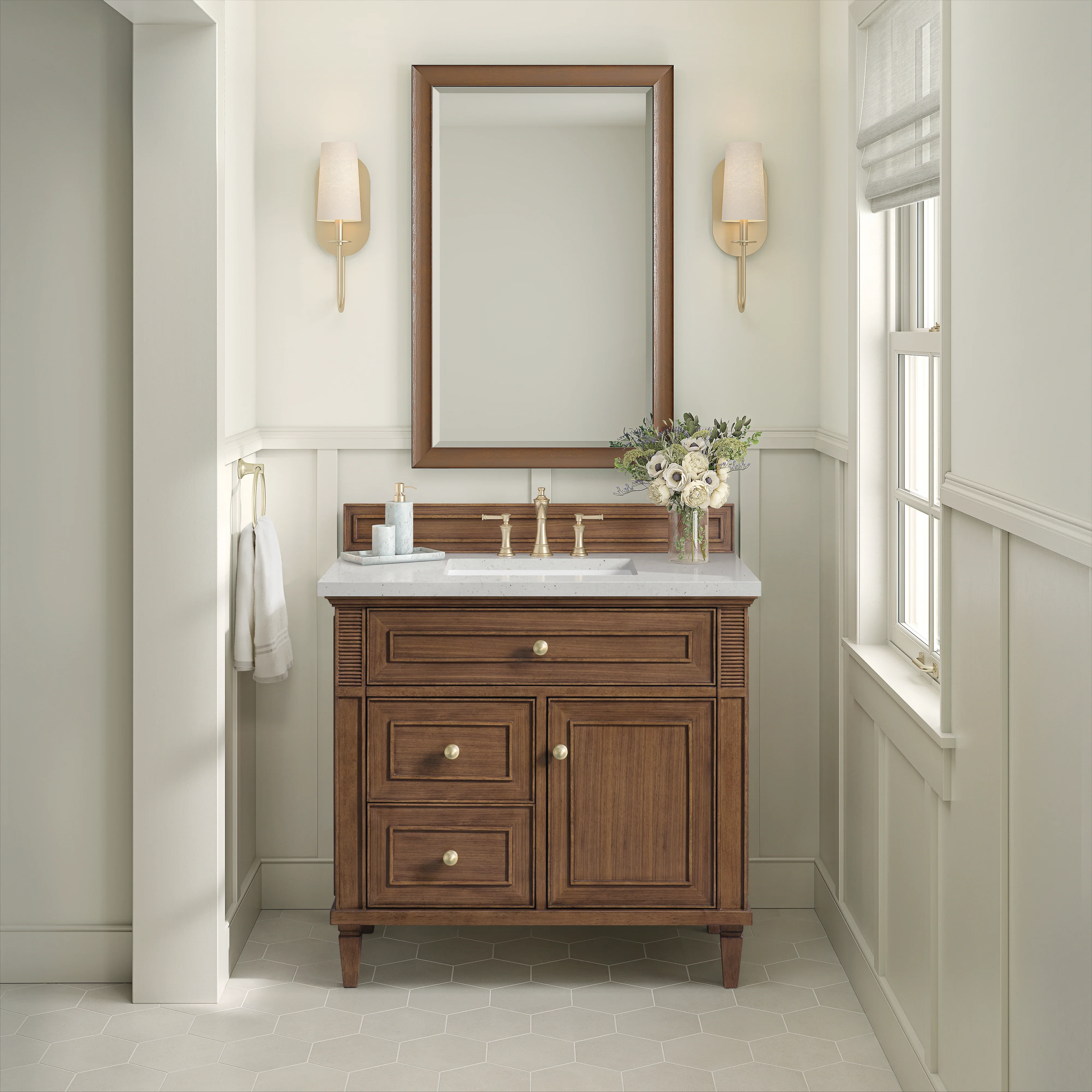 Lorelai 36" Single Vanity, Mid-Century Walnut w/ 3 CM Lime Delight Silestone Top