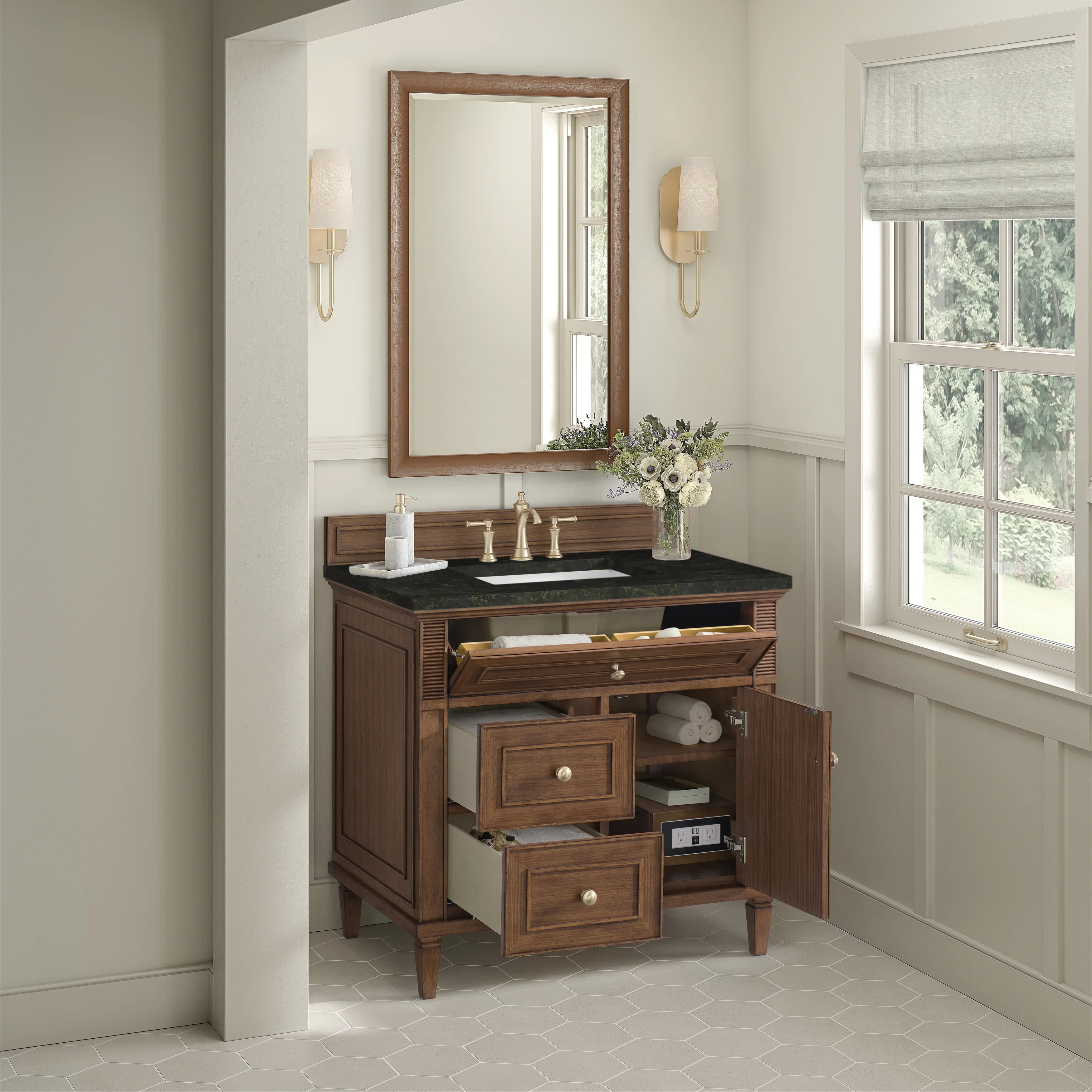 Lorelai 36" Single Vanity, Mid-Century Walnut, w/ 3 CM Phantome Eclos Top