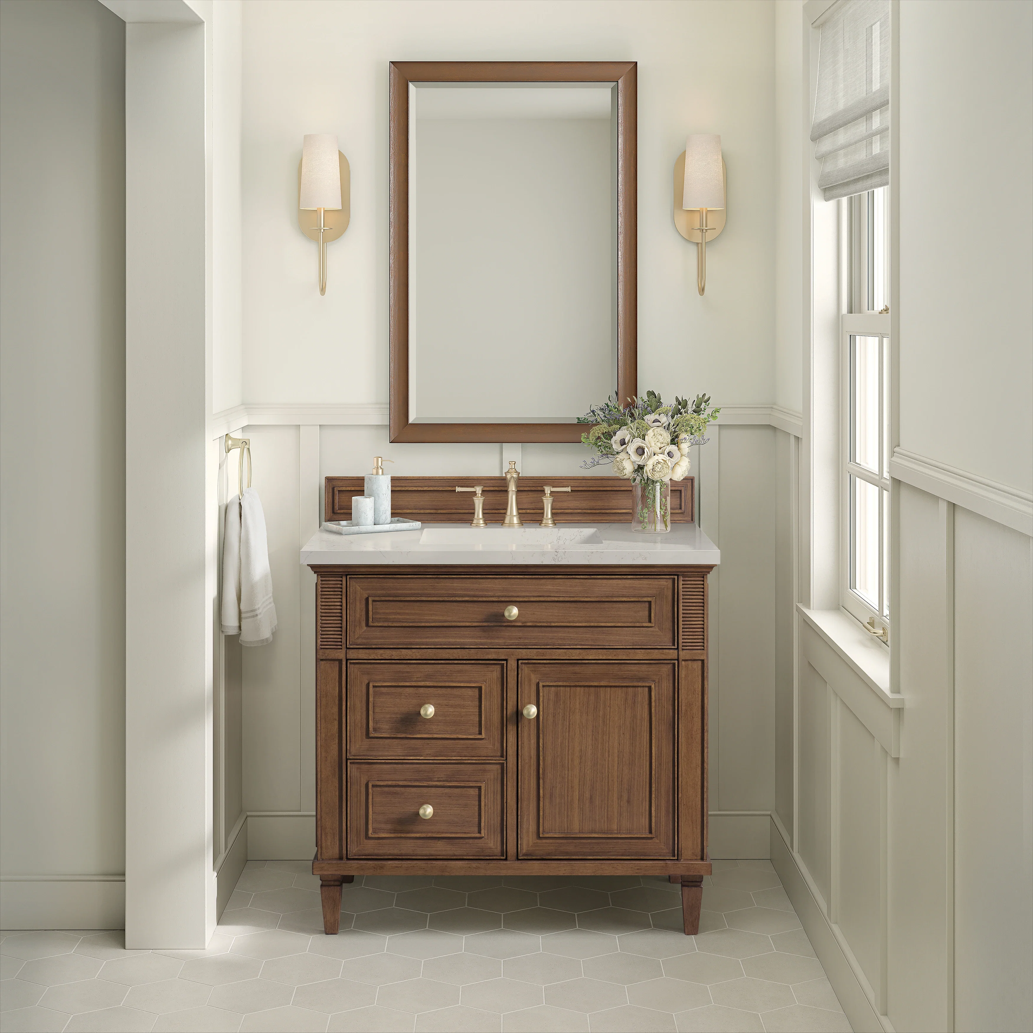 Lorelai 36" Single Vanity, Mid-Century Walnut, w/ 3 CM Siberian Silestone Top