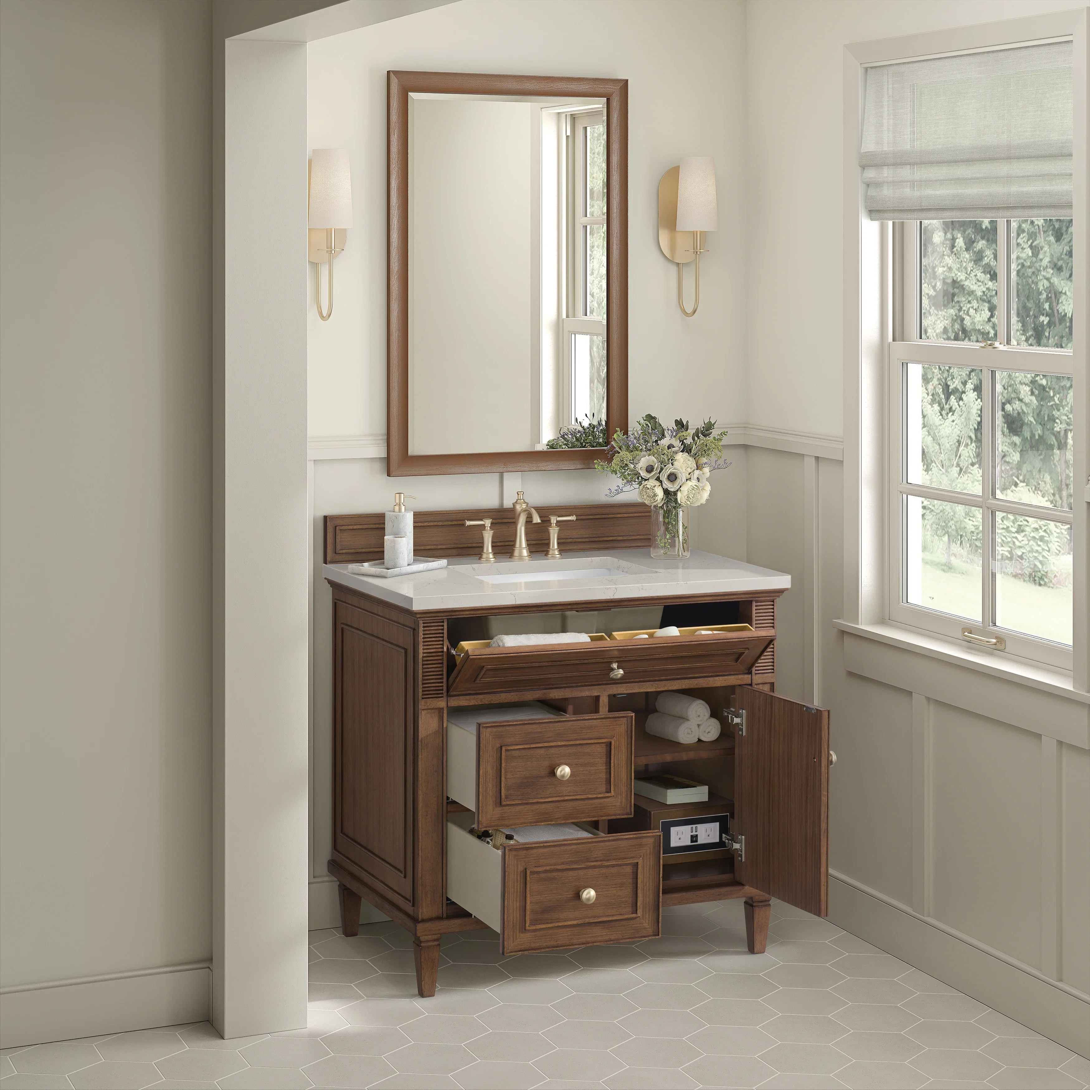 Lorelai 36" Single Vanity, Mid-Century Walnut, w/ 3 CM Siberian Silestone Top