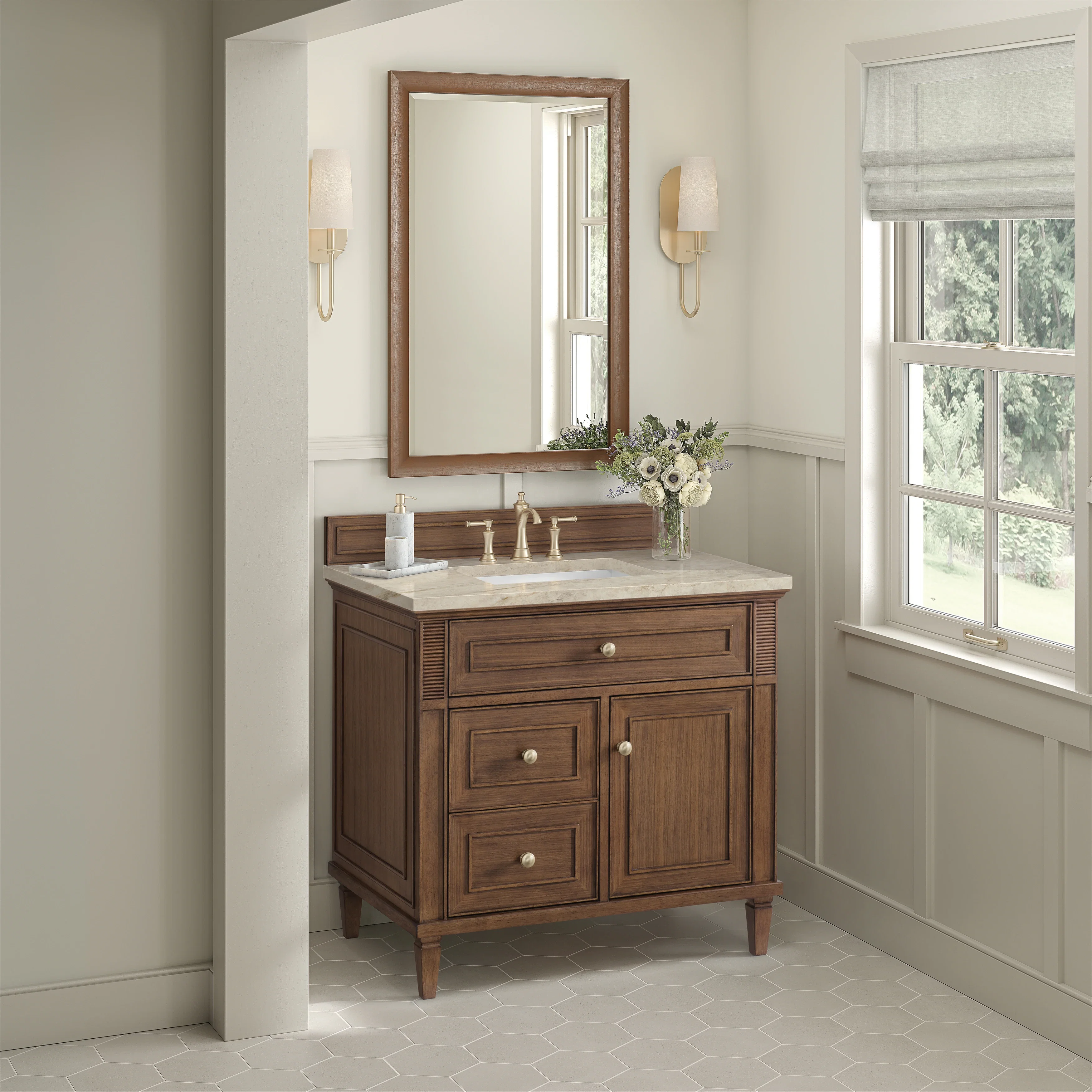 Lorelai 36" Single Vanity, Mid-Century Walnut, w/ 3 CM Tajnar Eclos Top