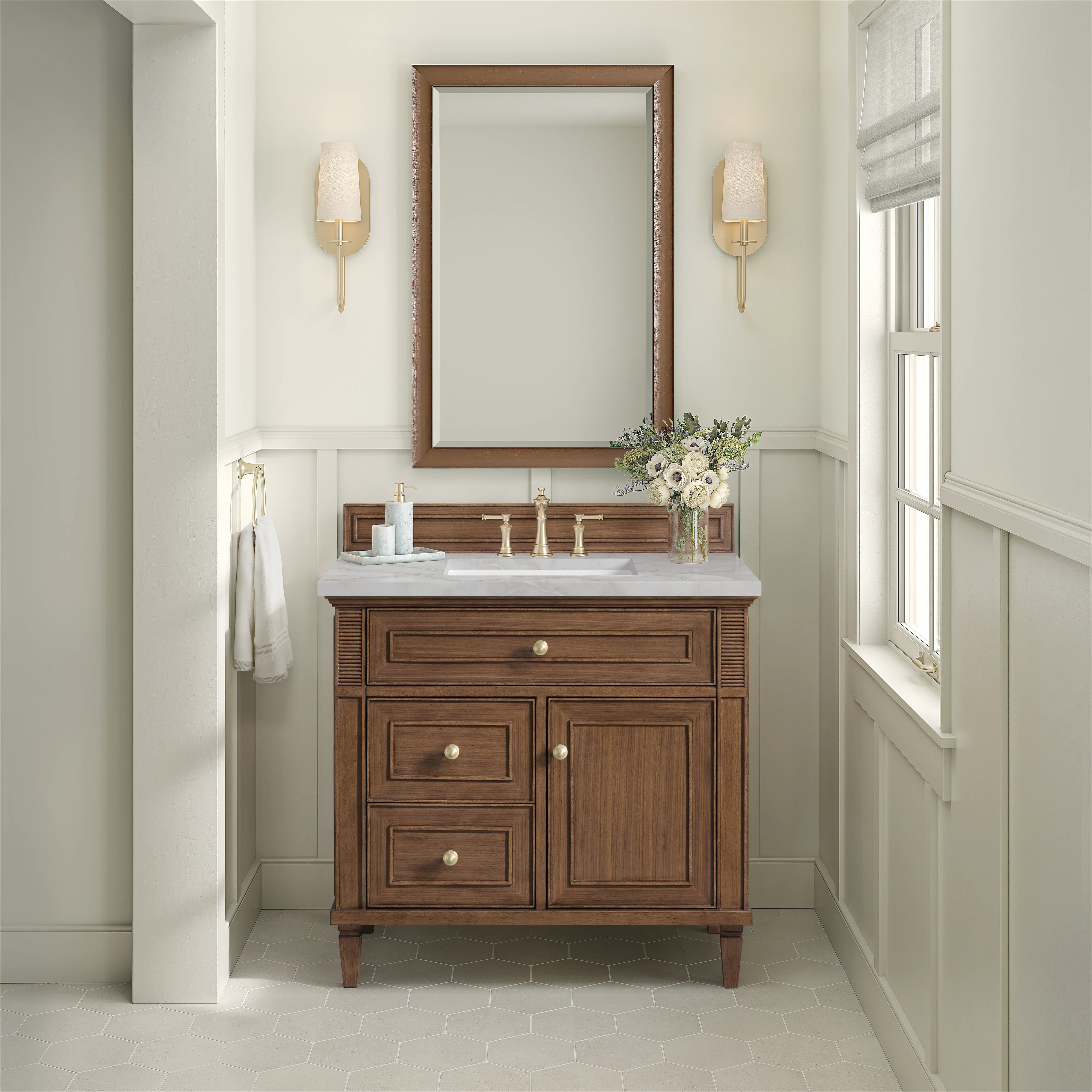 Lorelai 36" Single Vanity, Mid-Century Walnut w/ 3 CM Victorian Silver Silestone Top