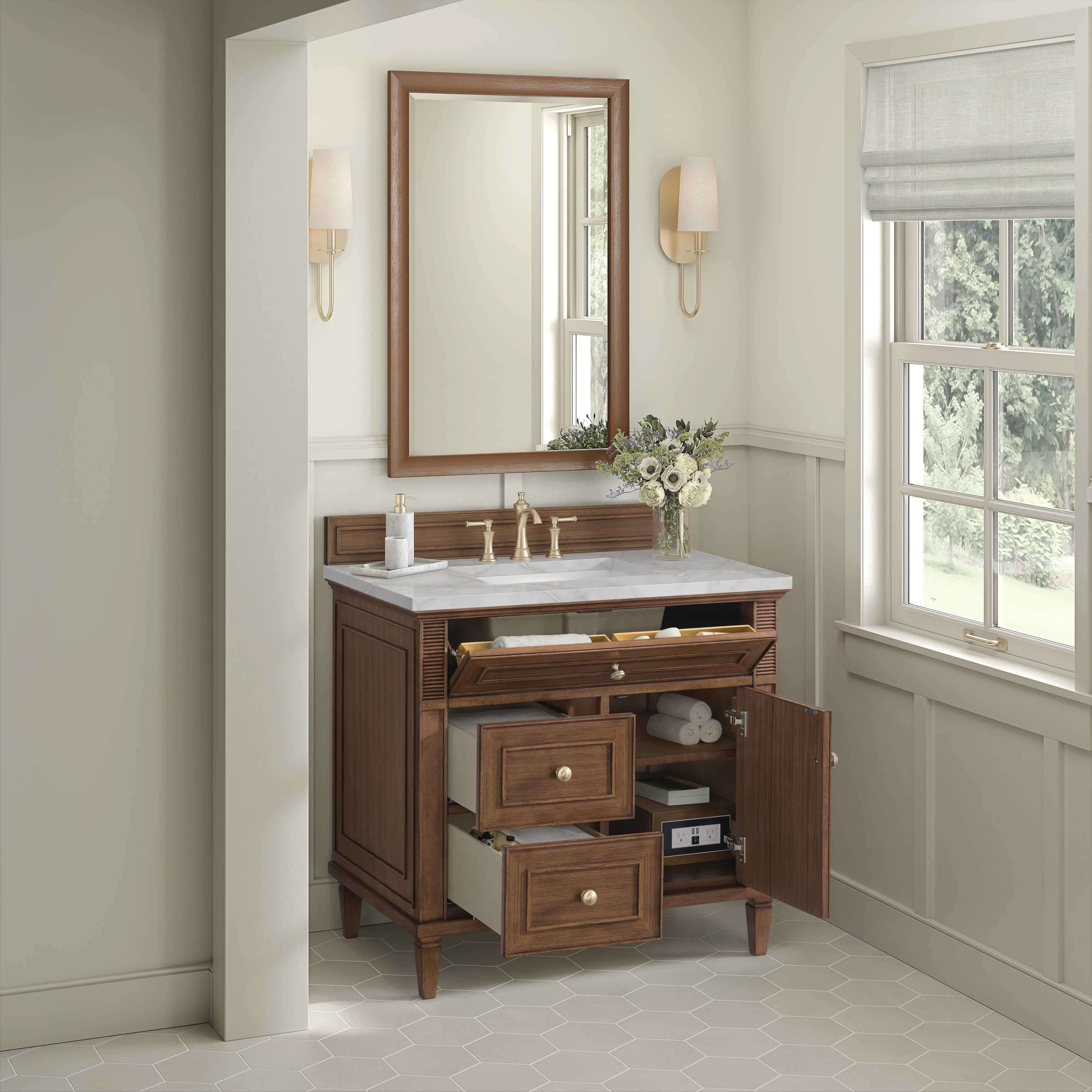 Lorelai 36" Single Vanity, Mid-Century Walnut w/ 3 CM Victorian Silver Silestone Top