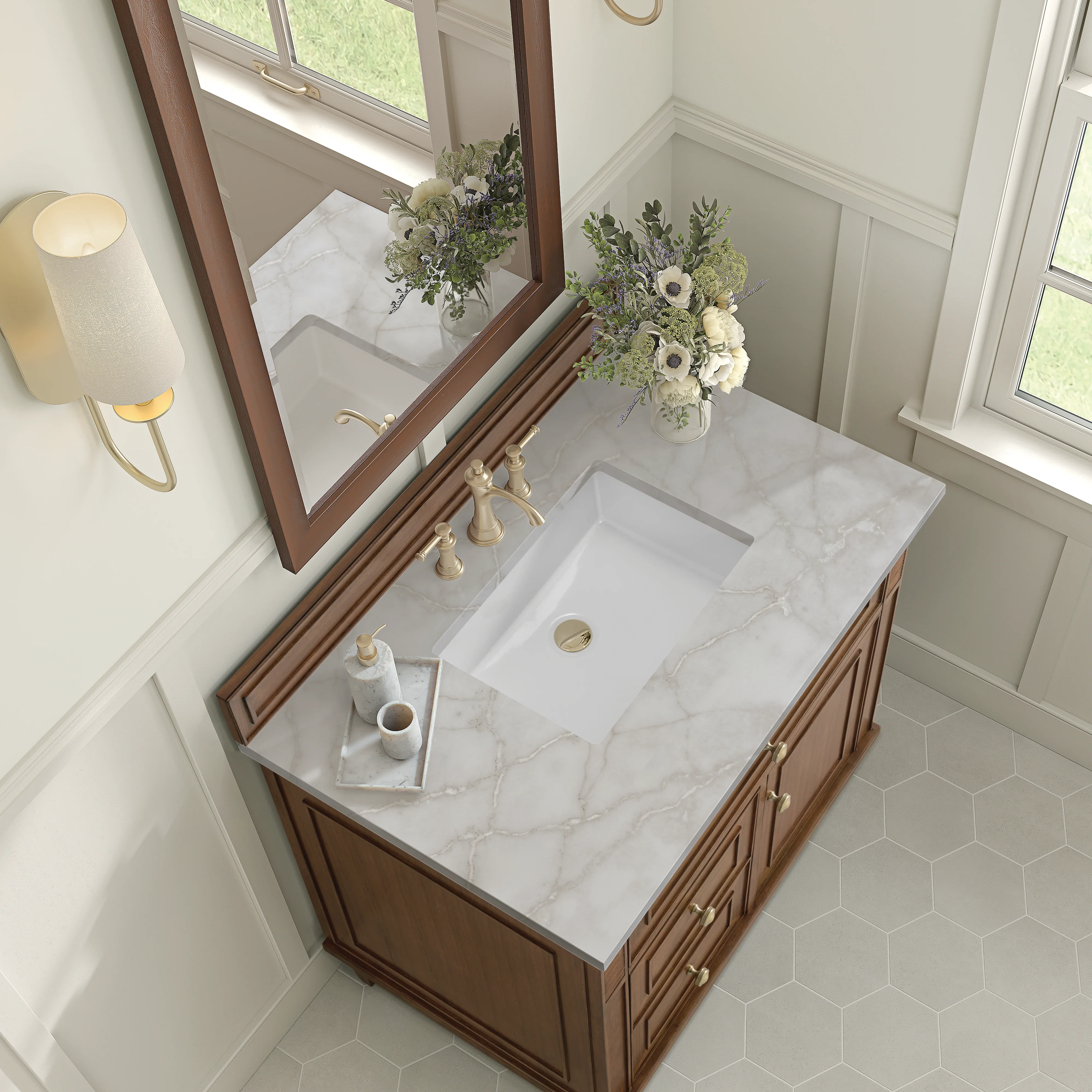 Lorelai 36" Single Vanity, Mid-Century Walnut w/ 3 CM Victorian Silver Silestone Top
