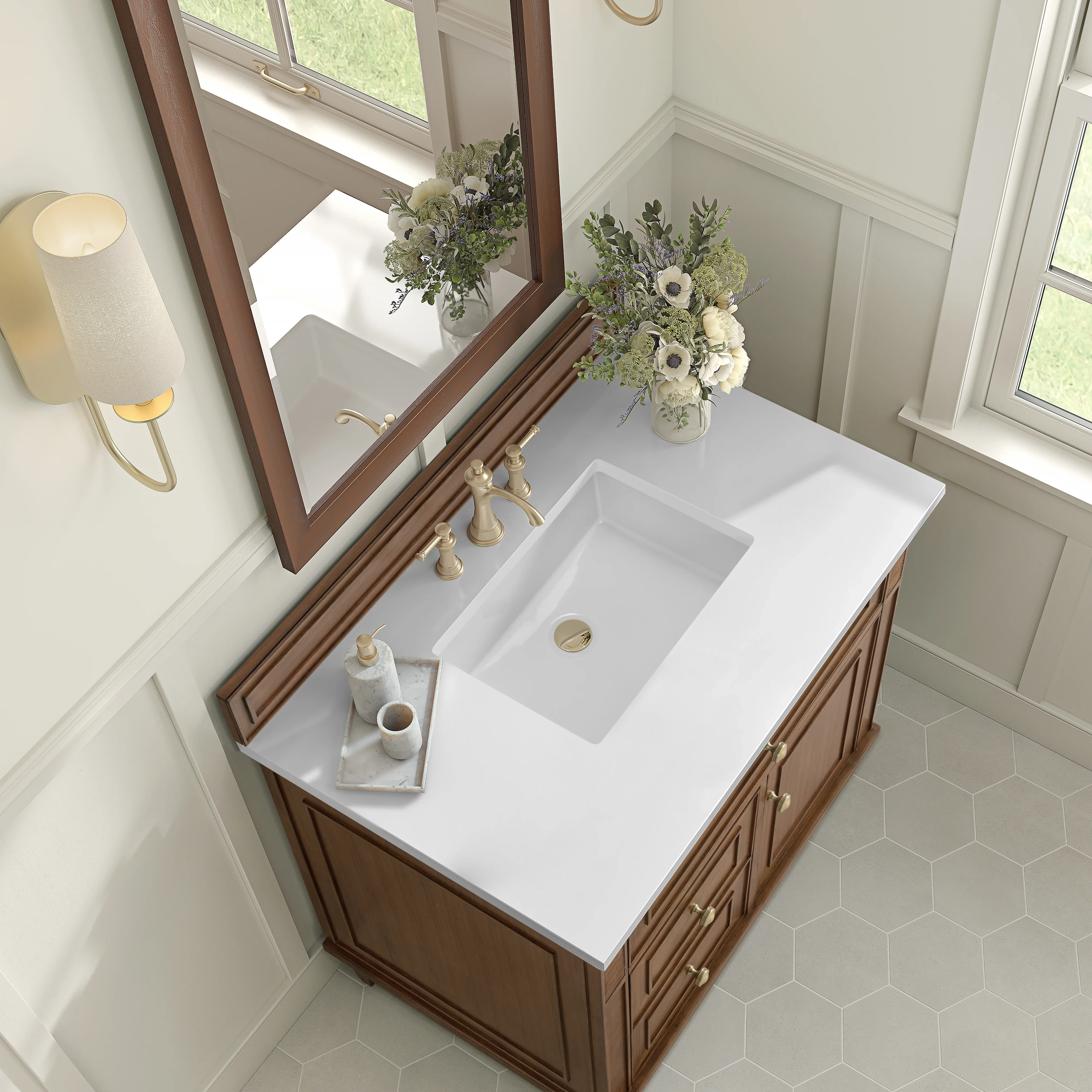 Lorelai 36" Single Vanity, Mid-Century Walnut w/ 3 CM White Zeus Silestone Top
