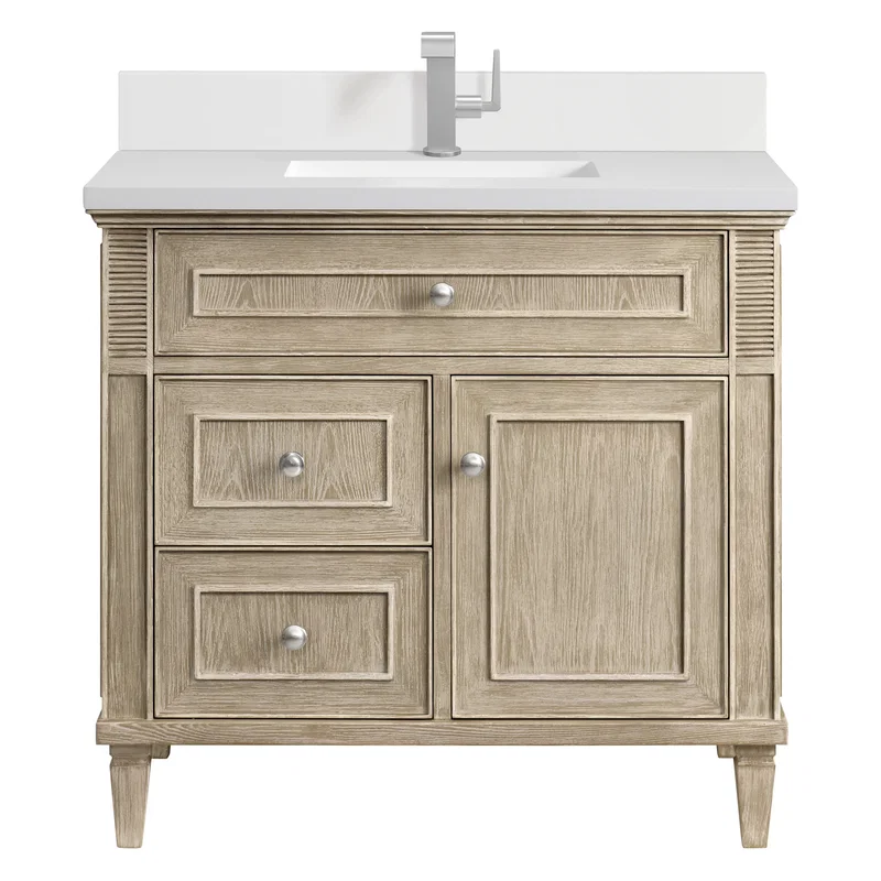Lorelai 36" Single Vanity, Whitewashed Oak w/ Single Hole 3 CM White Zeus Silestone Top & Backsplash