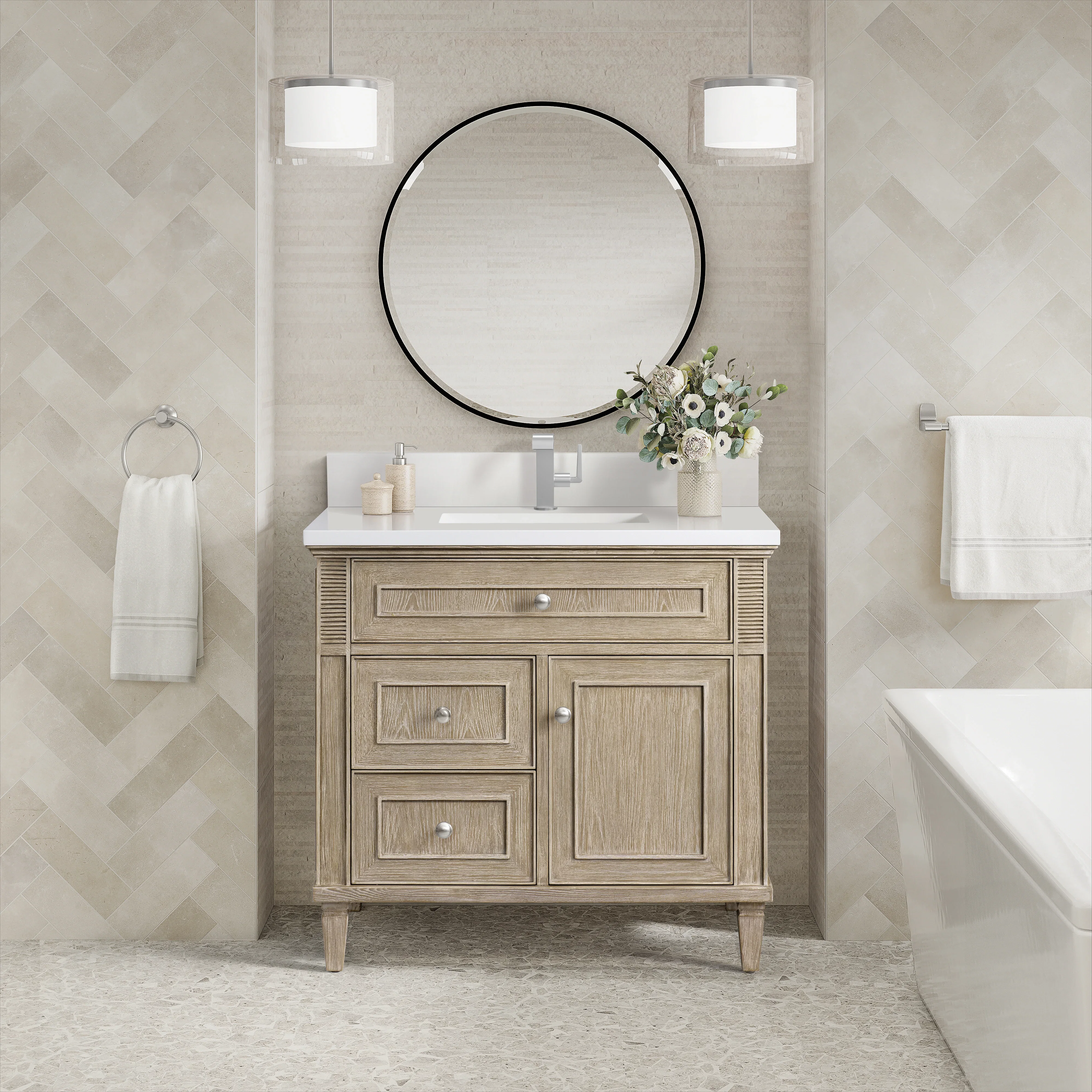 Lorelai 36" Single Vanity, Whitewashed Oak w/ Single Hole 3 CM White Zeus Silestone Top & Backsplash