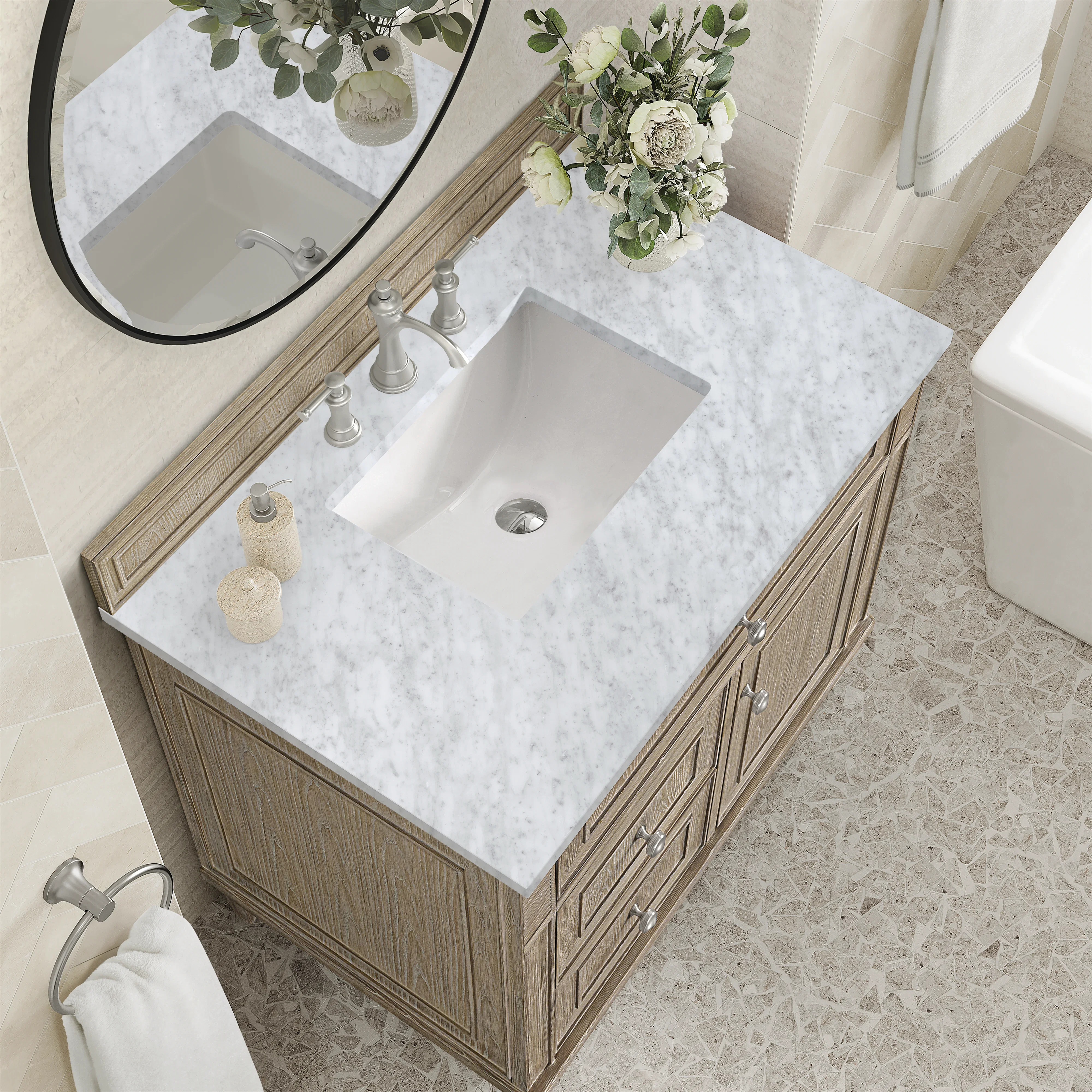 Lorelai 36" Single Vanity, Whitewashed Oak w/ 3 CM Carrara White Marble Top