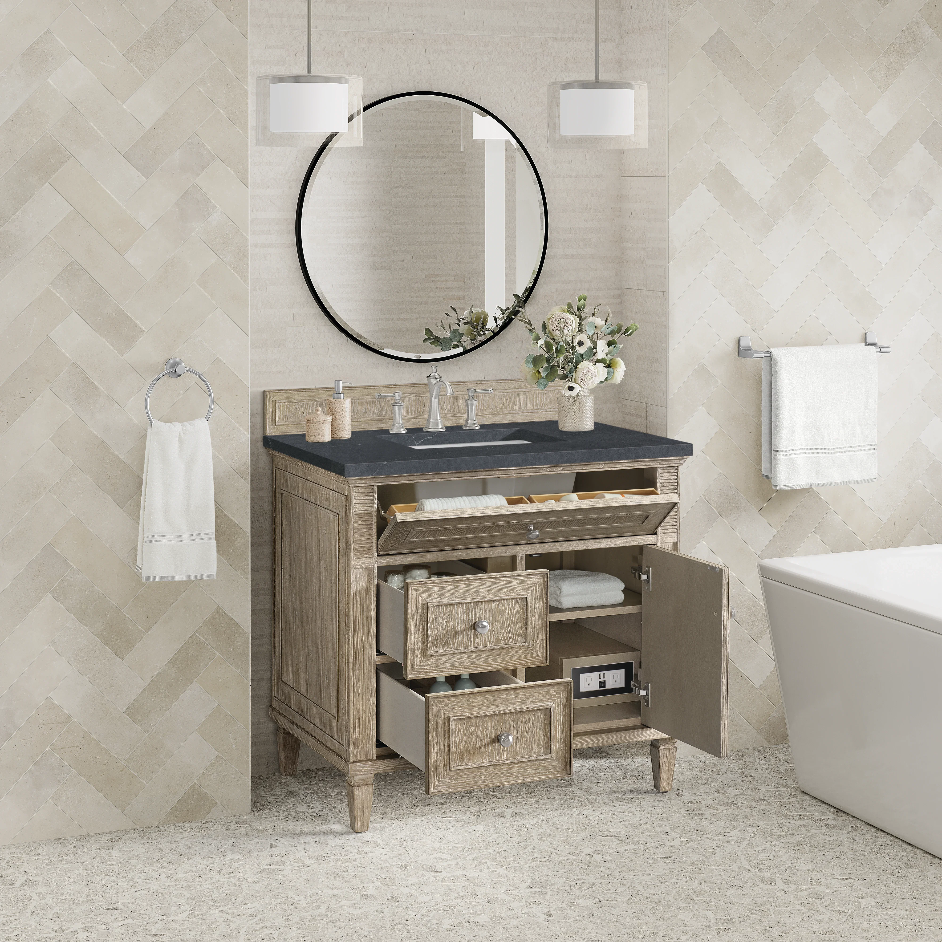 Lorelai 36" Single Vanity, Whitewashed Oak w/ 3 CM Charcoal Soapstone Silestone Top