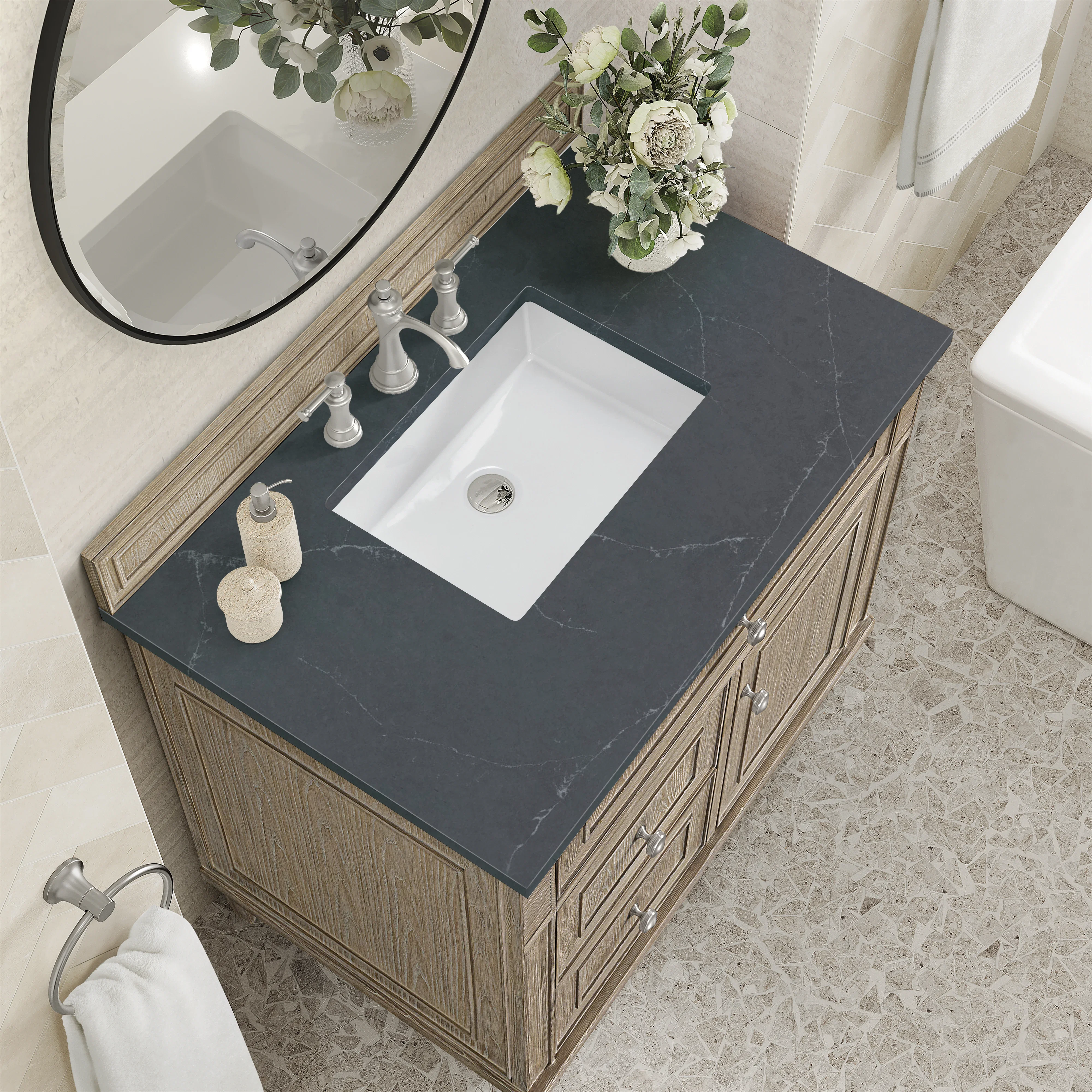 Lorelai 36" Single Vanity, Whitewashed Oak w/ 3 CM Charcoal Soapstone Silestone Top