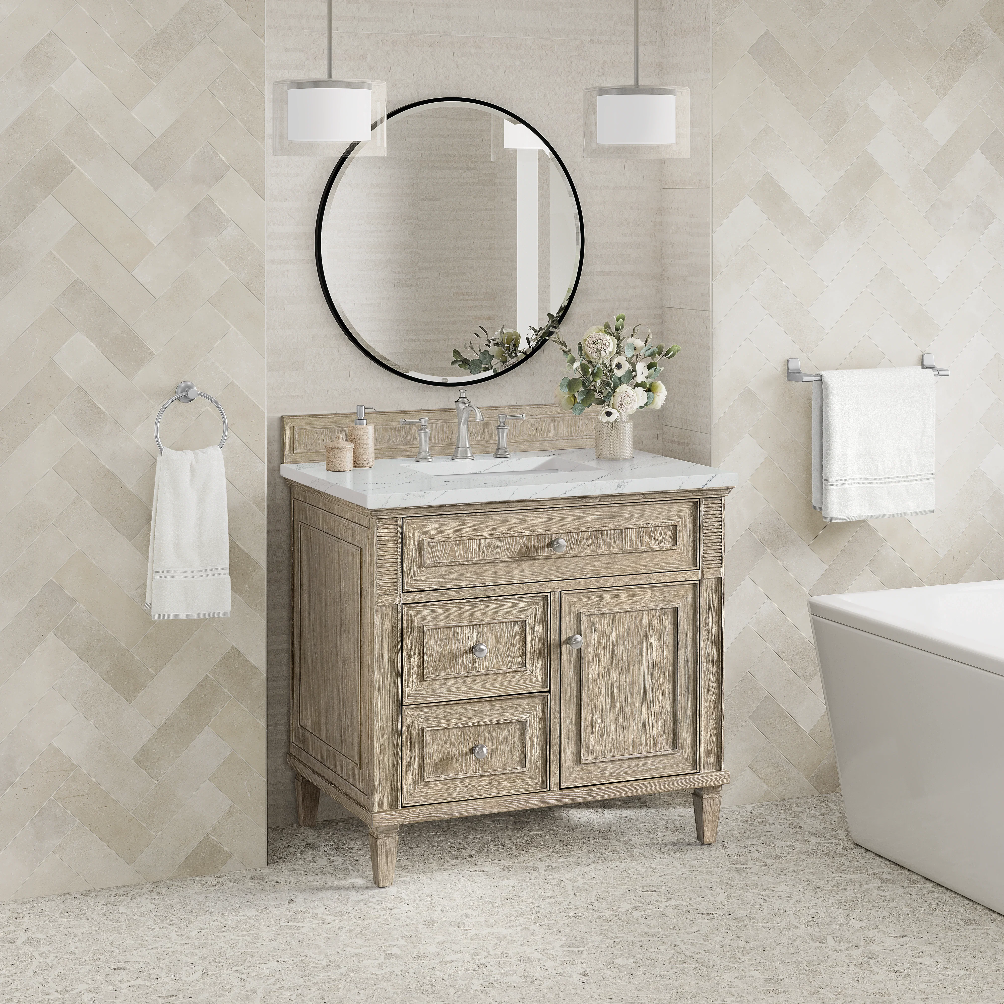 Lorelai 36" Single Vanity, Whitewashed Oak w/ 3 CM Ethereal Noctis Silestone Top