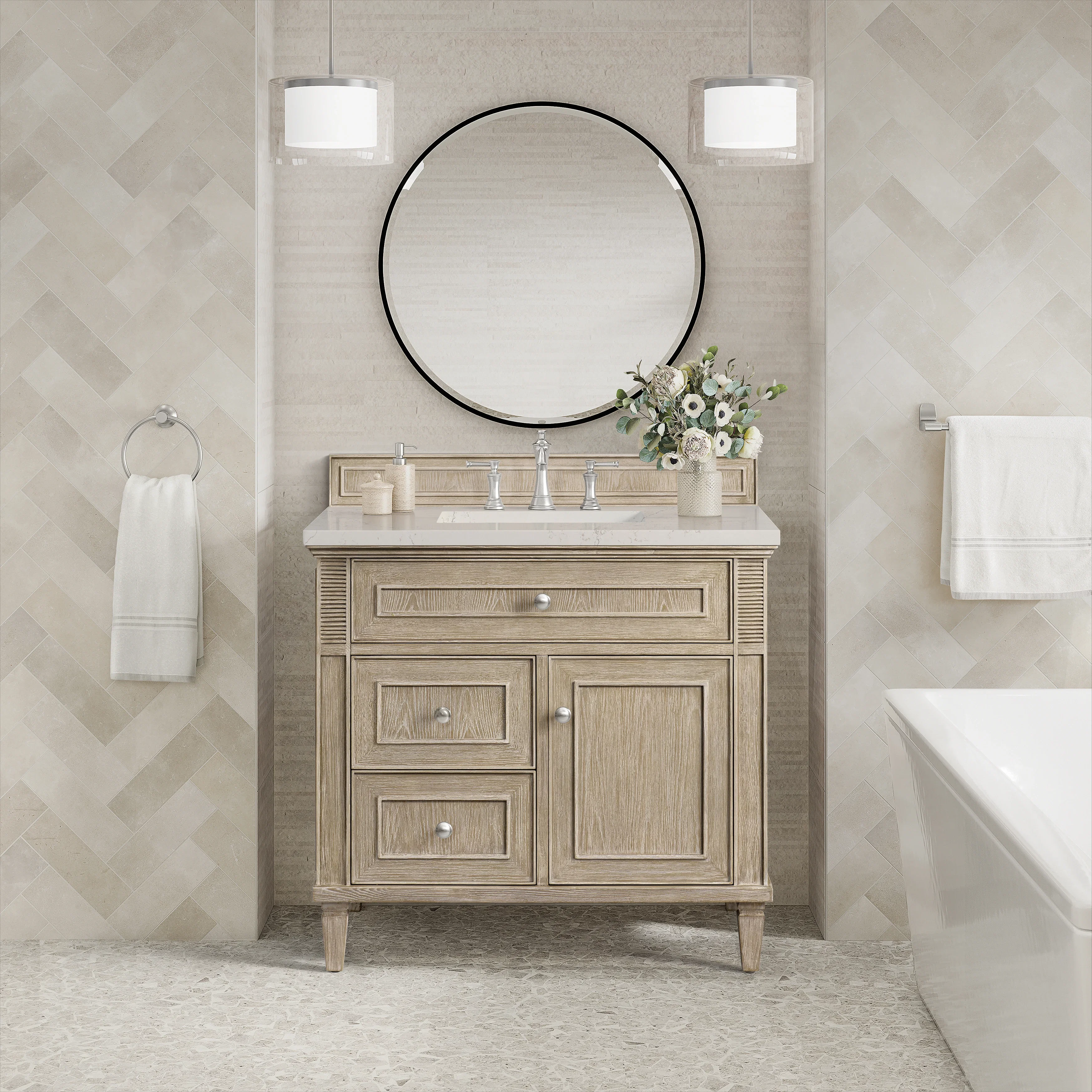 Lorelai 36" Single Vanity, Whitewashed Oak, w/ 3 CM Siberian Silestone Top