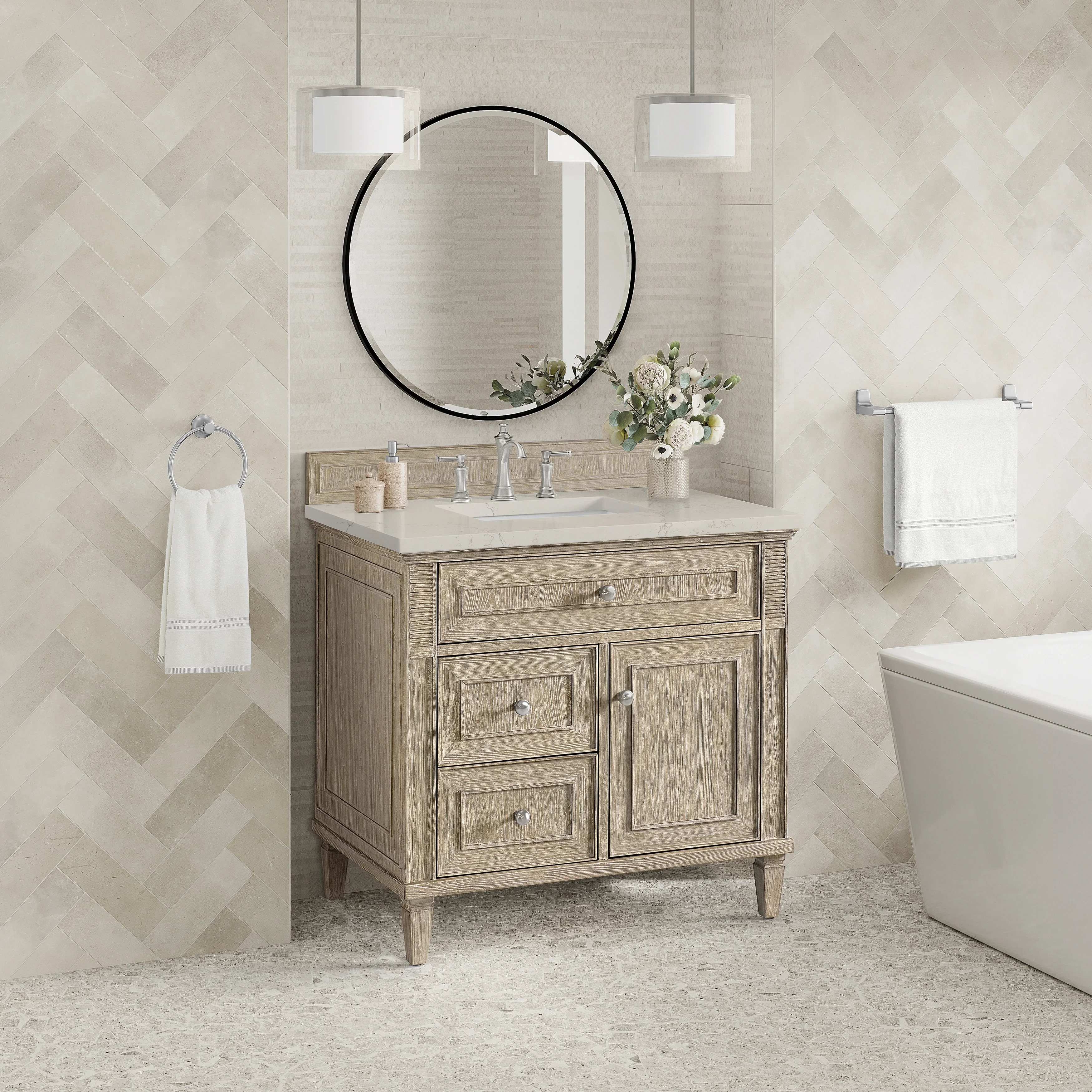 Lorelai 36" Single Vanity, Whitewashed Oak, w/ 3 CM Siberian Silestone Top