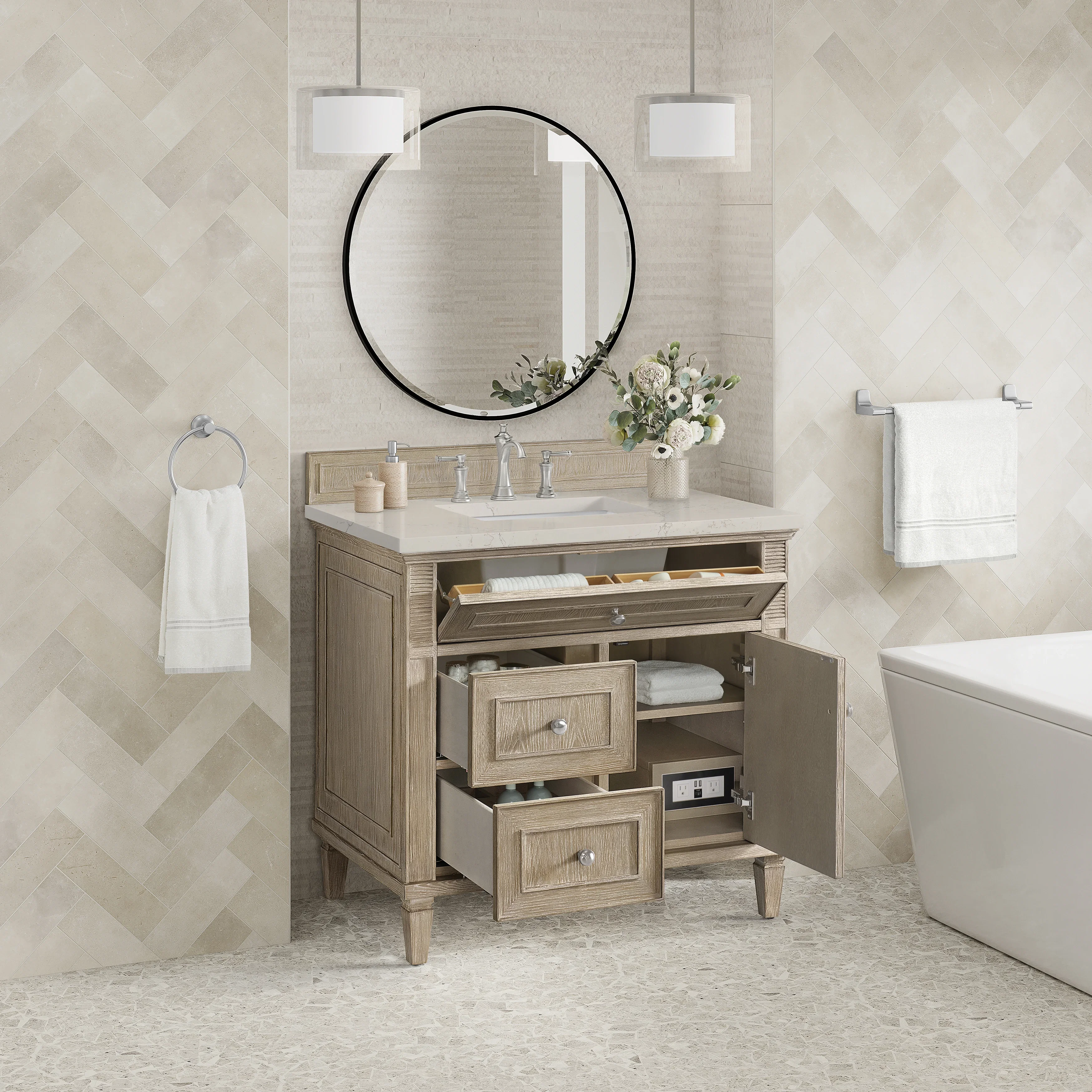 Lorelai 36" Single Vanity, Whitewashed Oak, w/ 3 CM Siberian Silestone Top
