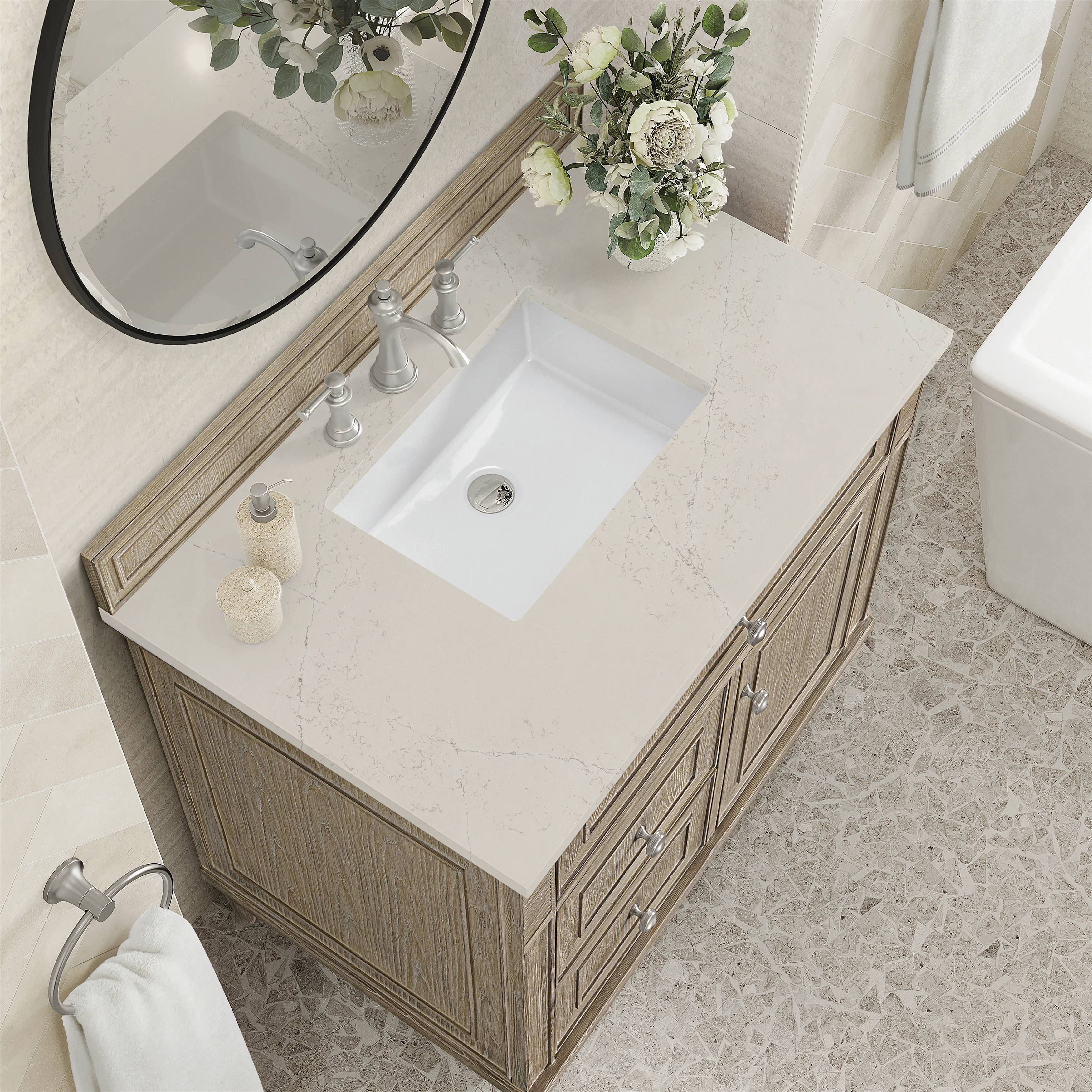 Lorelai 36" Single Vanity, Whitewashed Oak, w/ 3 CM Siberian Silestone Top