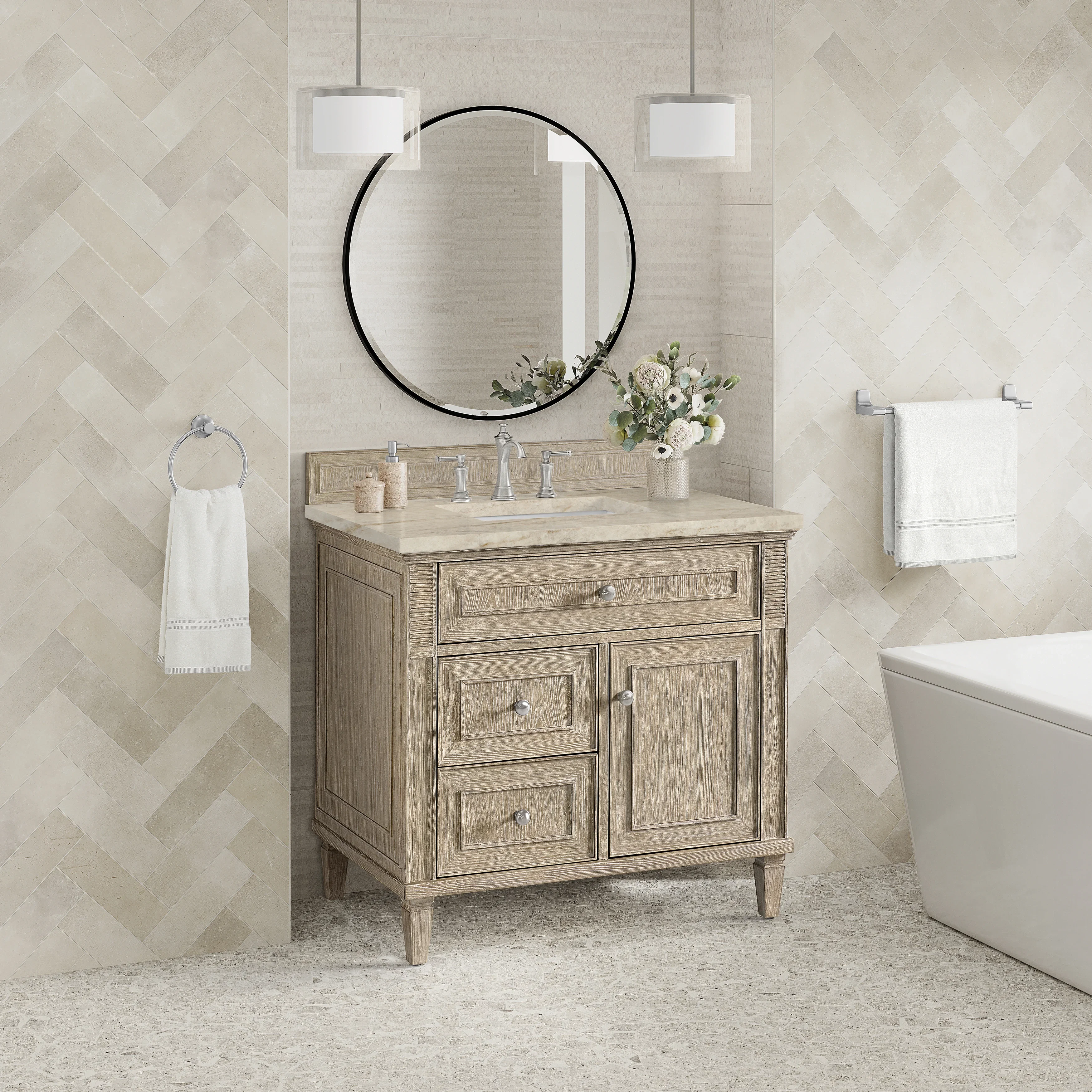 Lorelai 36" Single Vanity, Whitewashed Oak, w/ 3 CM Tajnar Eclos Top