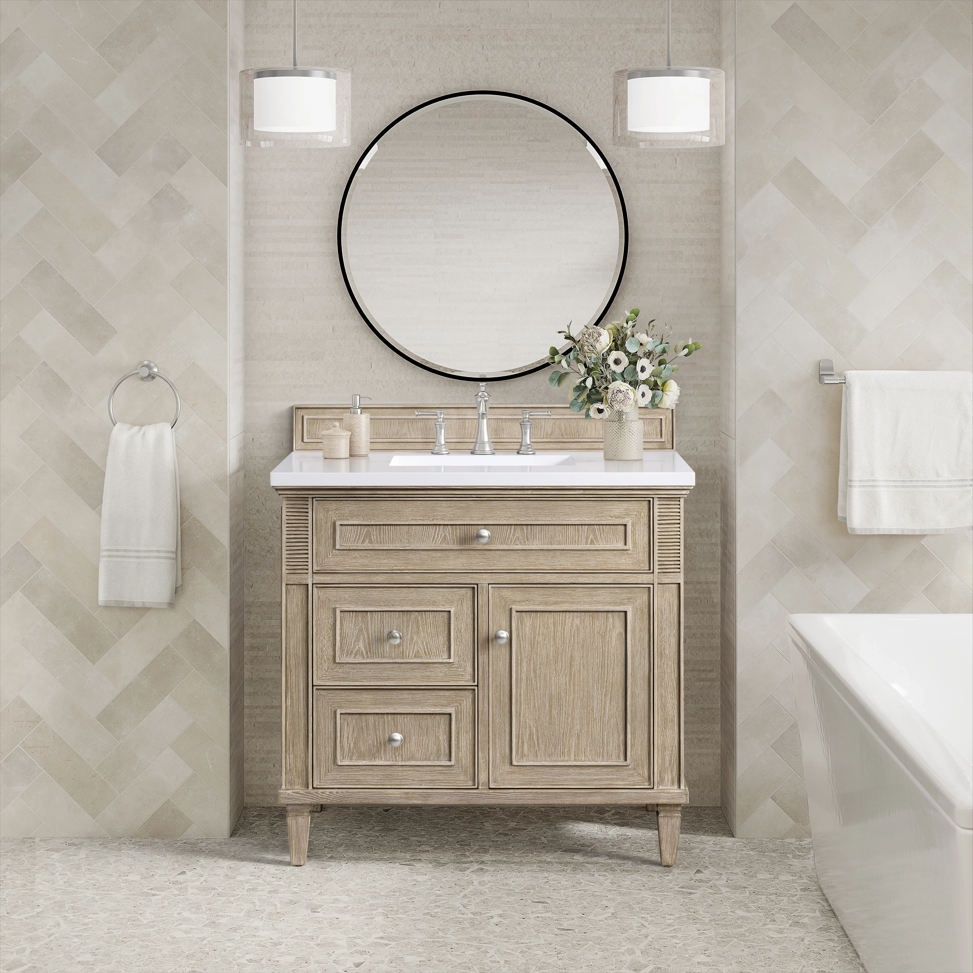 Lorelai 36" Single Vanity, Whitewashed Oak w/ 3 CM White Zeus Silestone Top