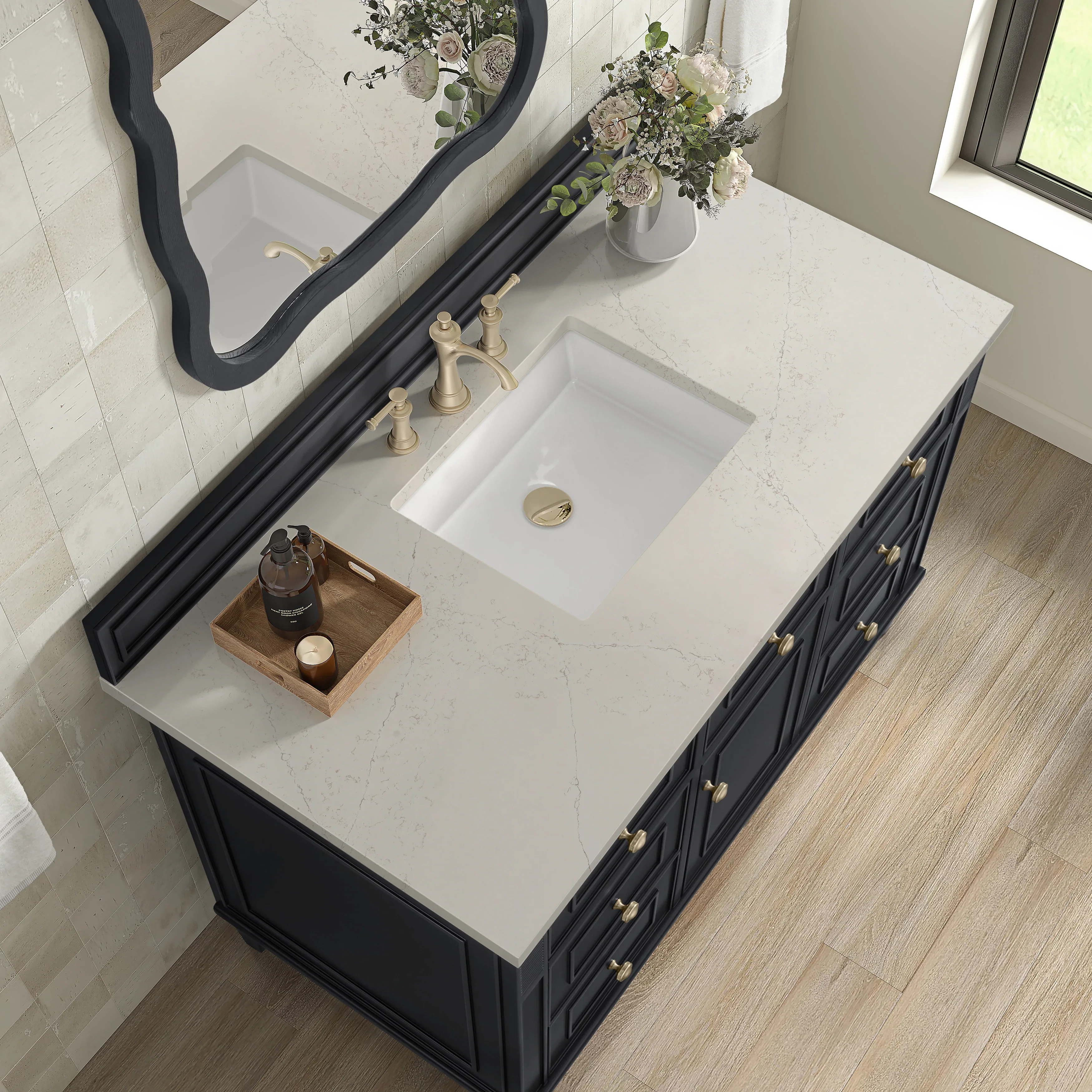 Lorelai 48" Single Vanity, Black Onyx, w/ 3 CM Siberian Silestone Top
