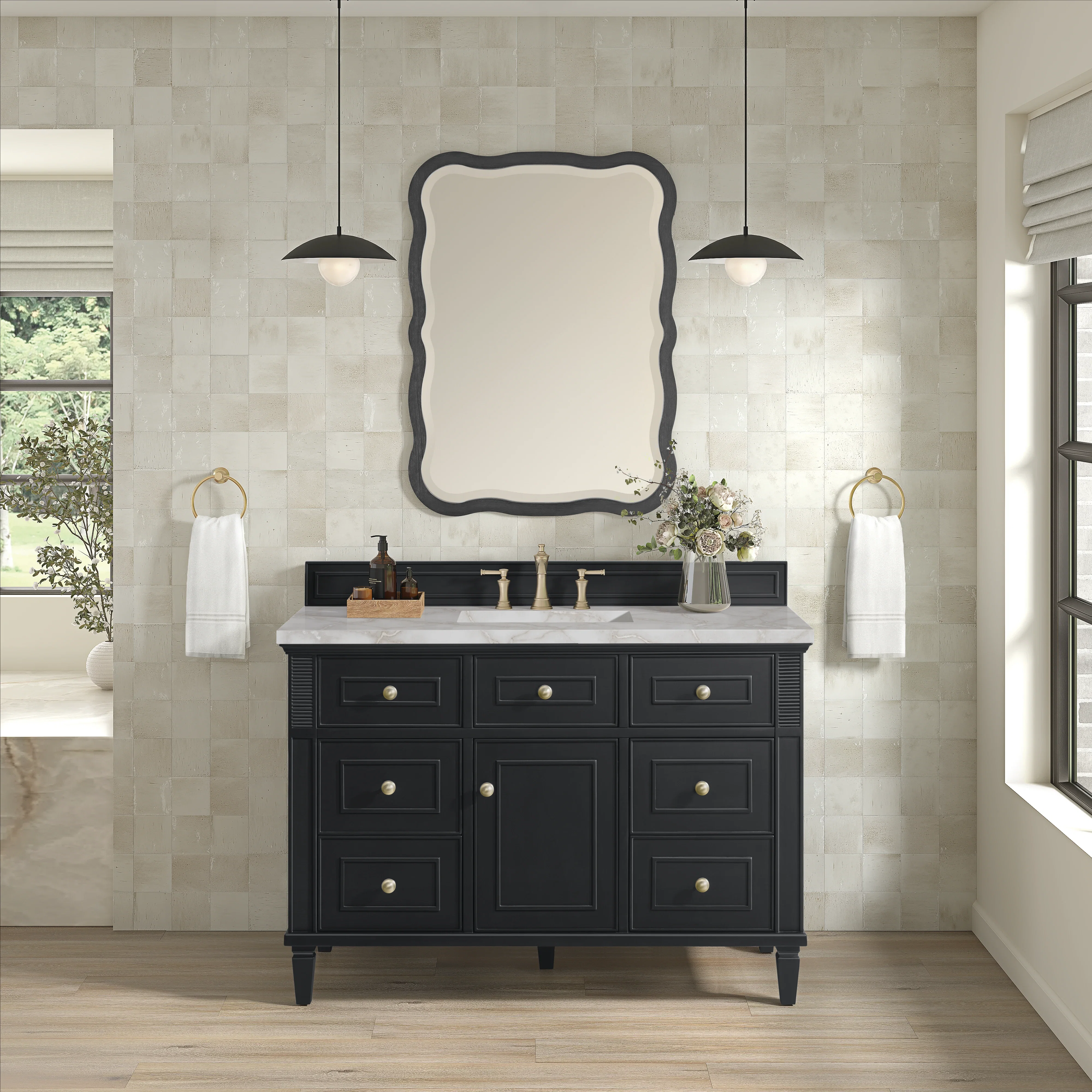 Lorelai 48" Single Vanity, Black Onyx w/ 3 CM Victorian Silver Silestone Top