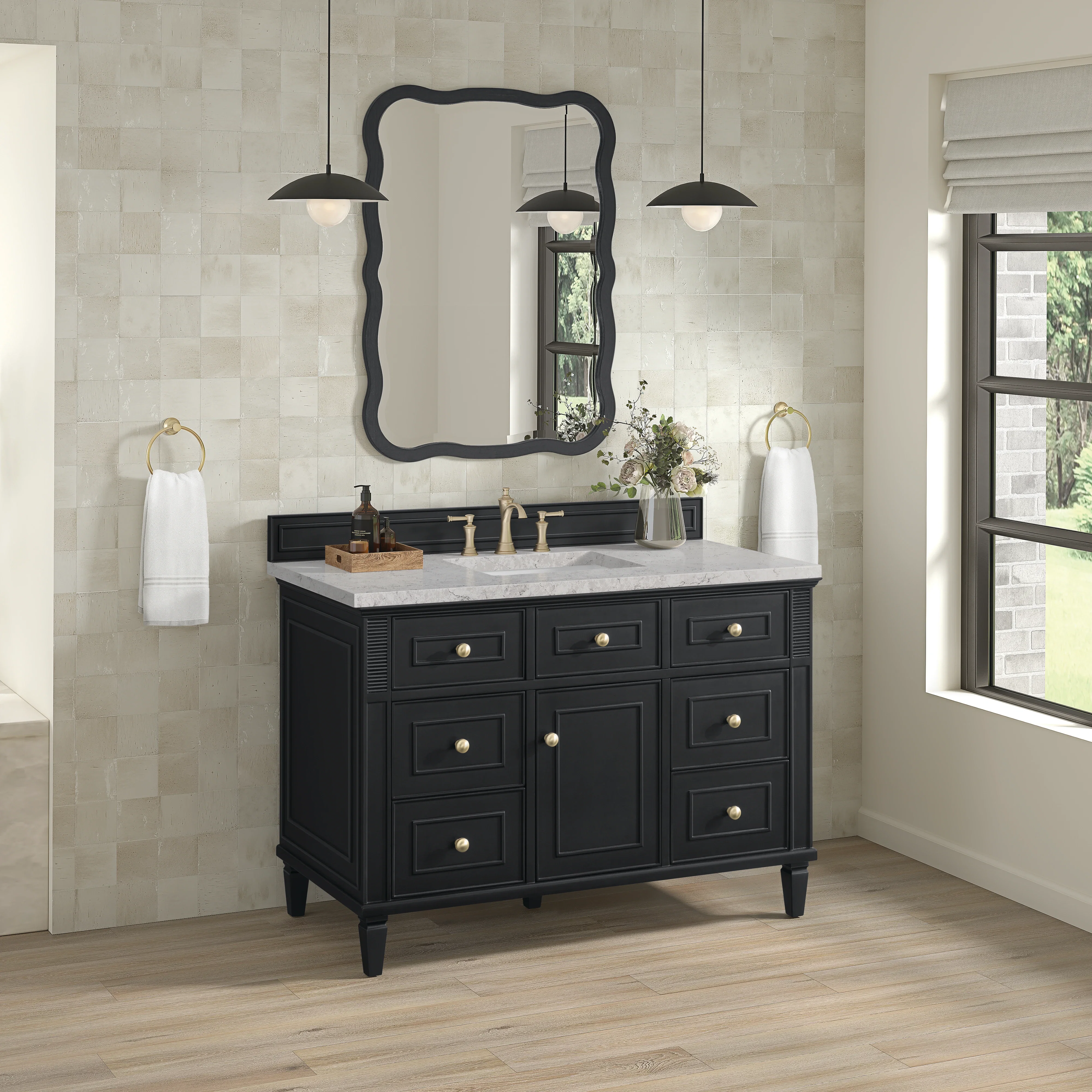 Lorelai 48" Single Vanity, Black Onyx w/ 3 CM Eternal Jasmine Pearl Silestone Top w/FreePower Wireless Charger