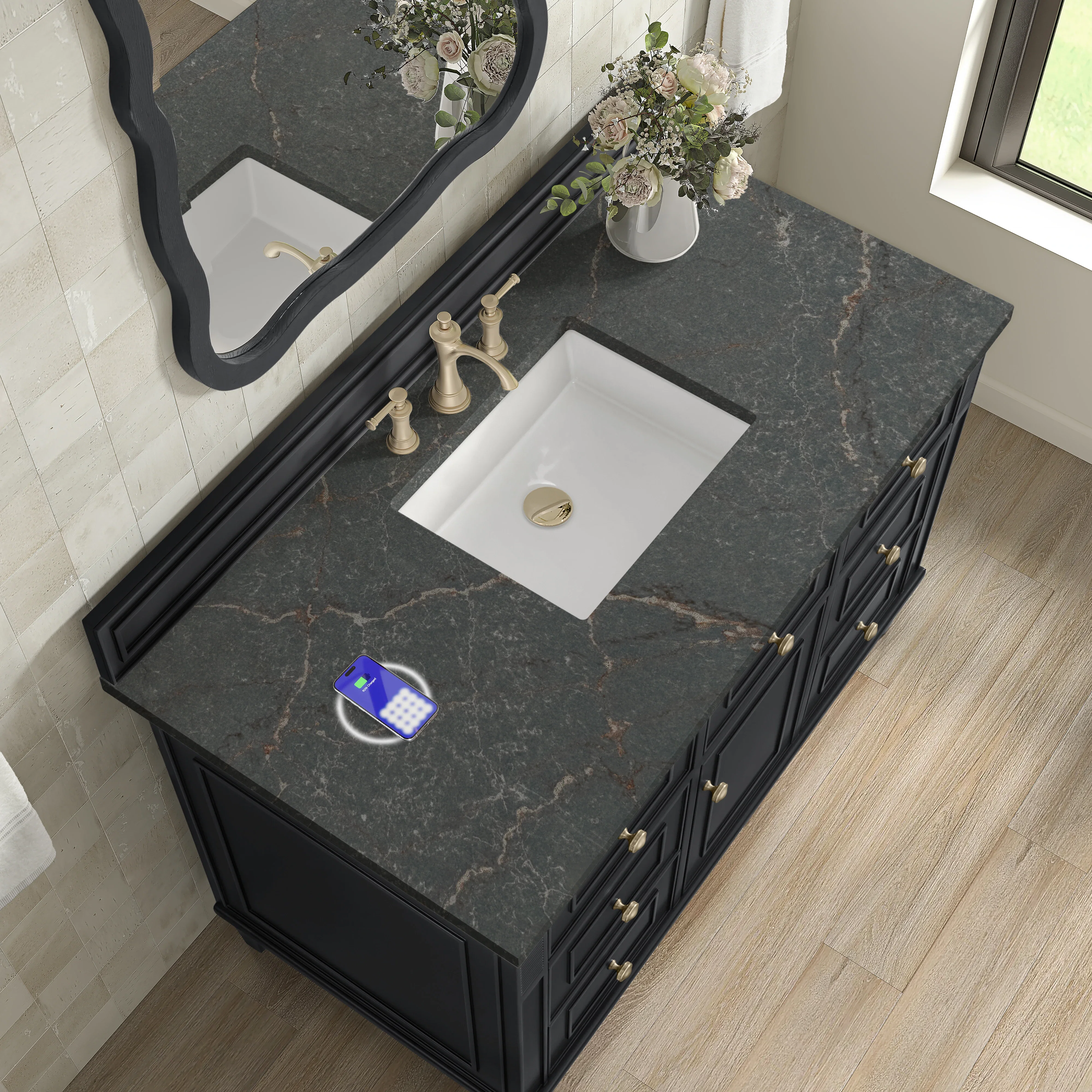 Lorelai 48" Single Vanity, Black Onyx w/ 3 CM Parisien Bleu Silestone Top w/FreePower Wireless Charger