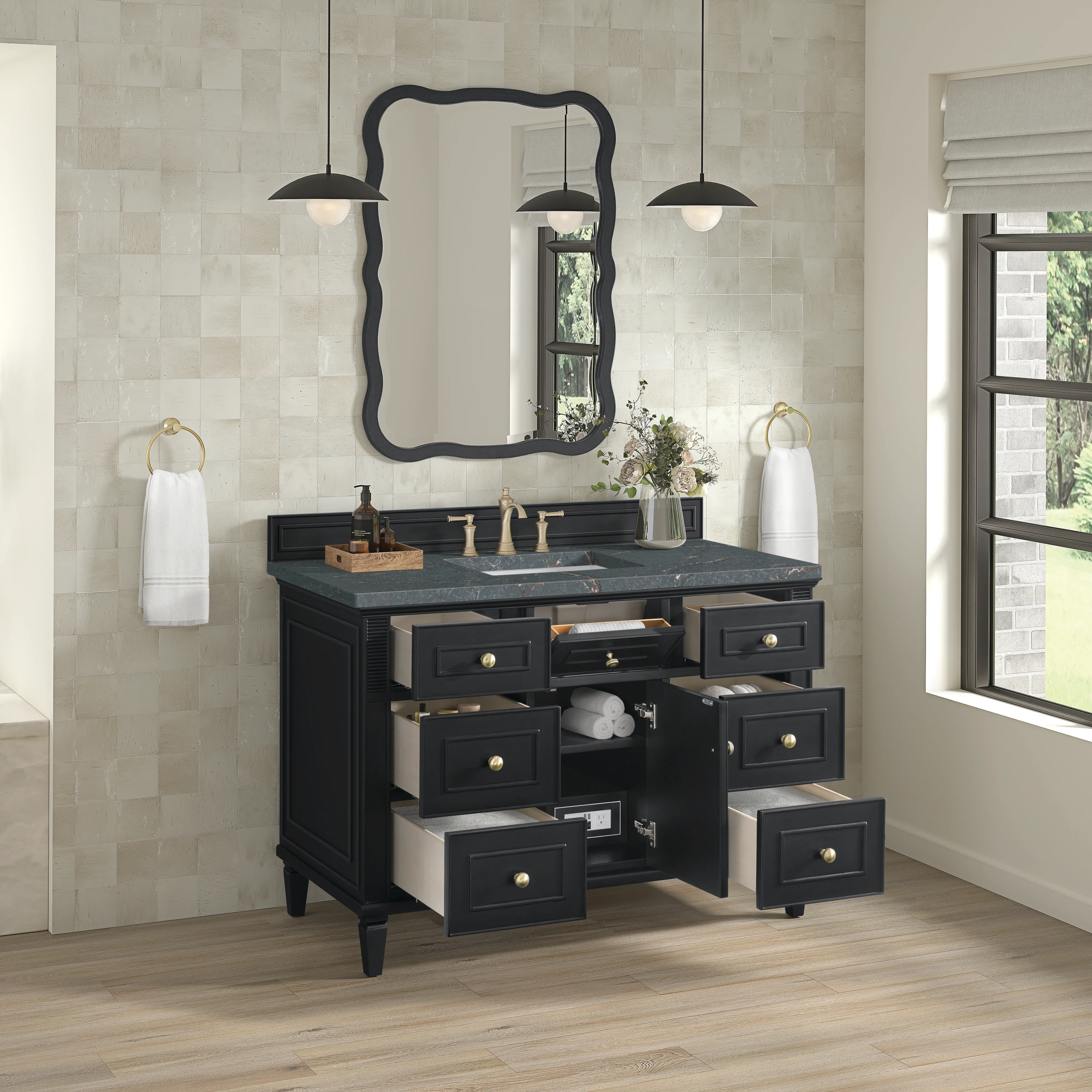 Lorelai 48" Single Vanity, Black Onyx w/ 3 CM Parisien Bleu Silestone Top w/FreePower Wireless Charger