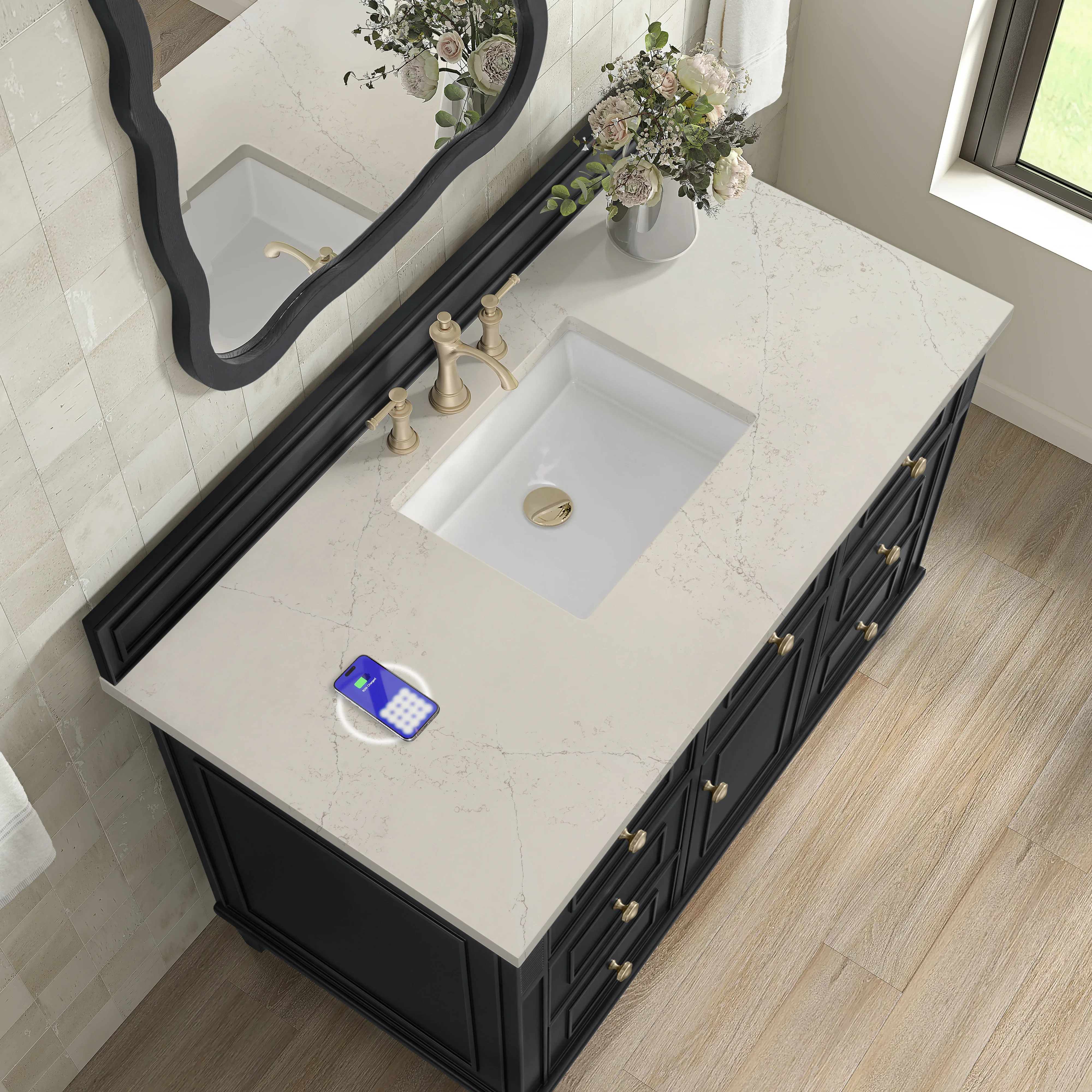 Lorelai 48" Single Vanity, Black Onyx, w/ 3 CM Siberian Silestone Top w/FreePower Wireless Charger
