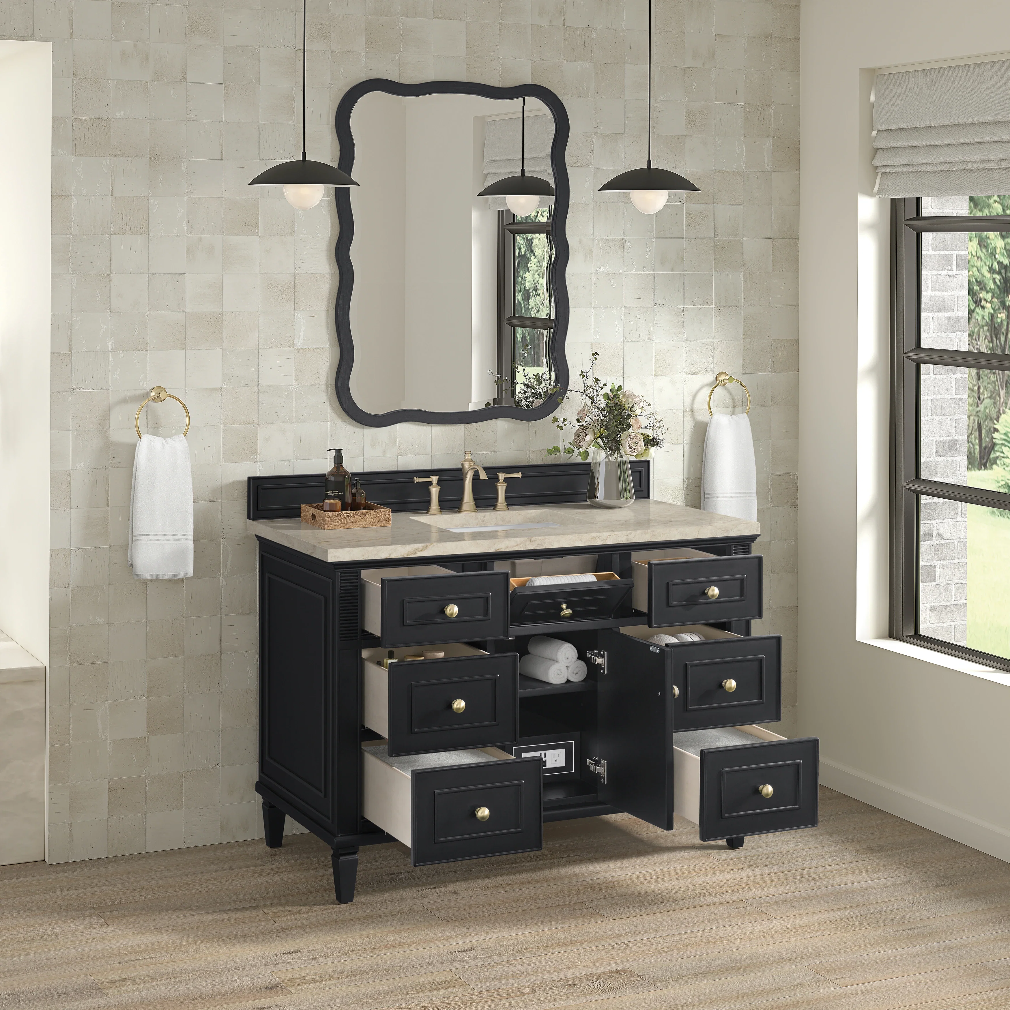 Lorelai 48" Single Vanity, Black Onyx, w/ 3 CM Tajnar Eclos Top w/FreePower Wireless Charger