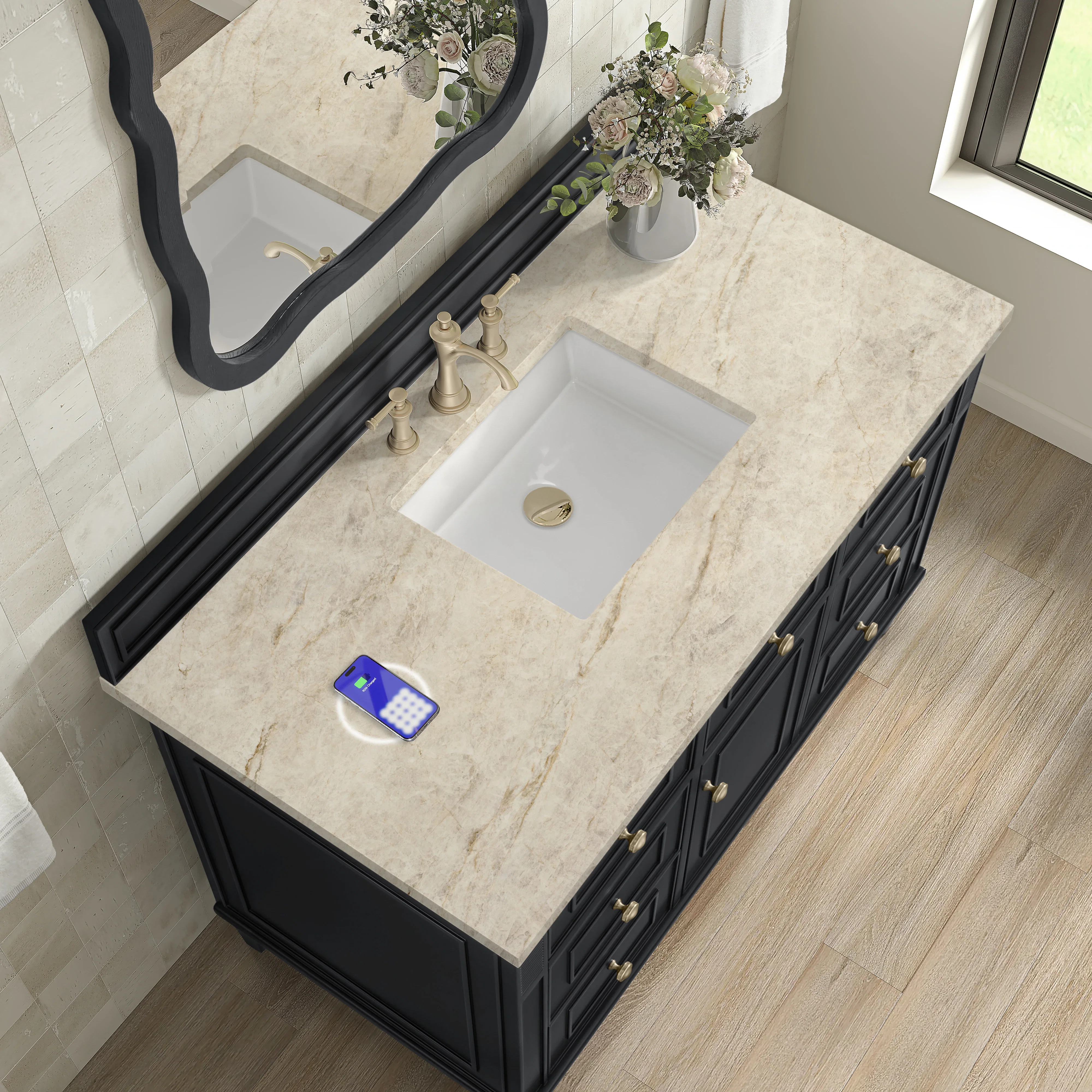 Lorelai 48" Single Vanity, Black Onyx, w/ 3 CM Tajnar Eclos Top w/FreePower Wireless Charger