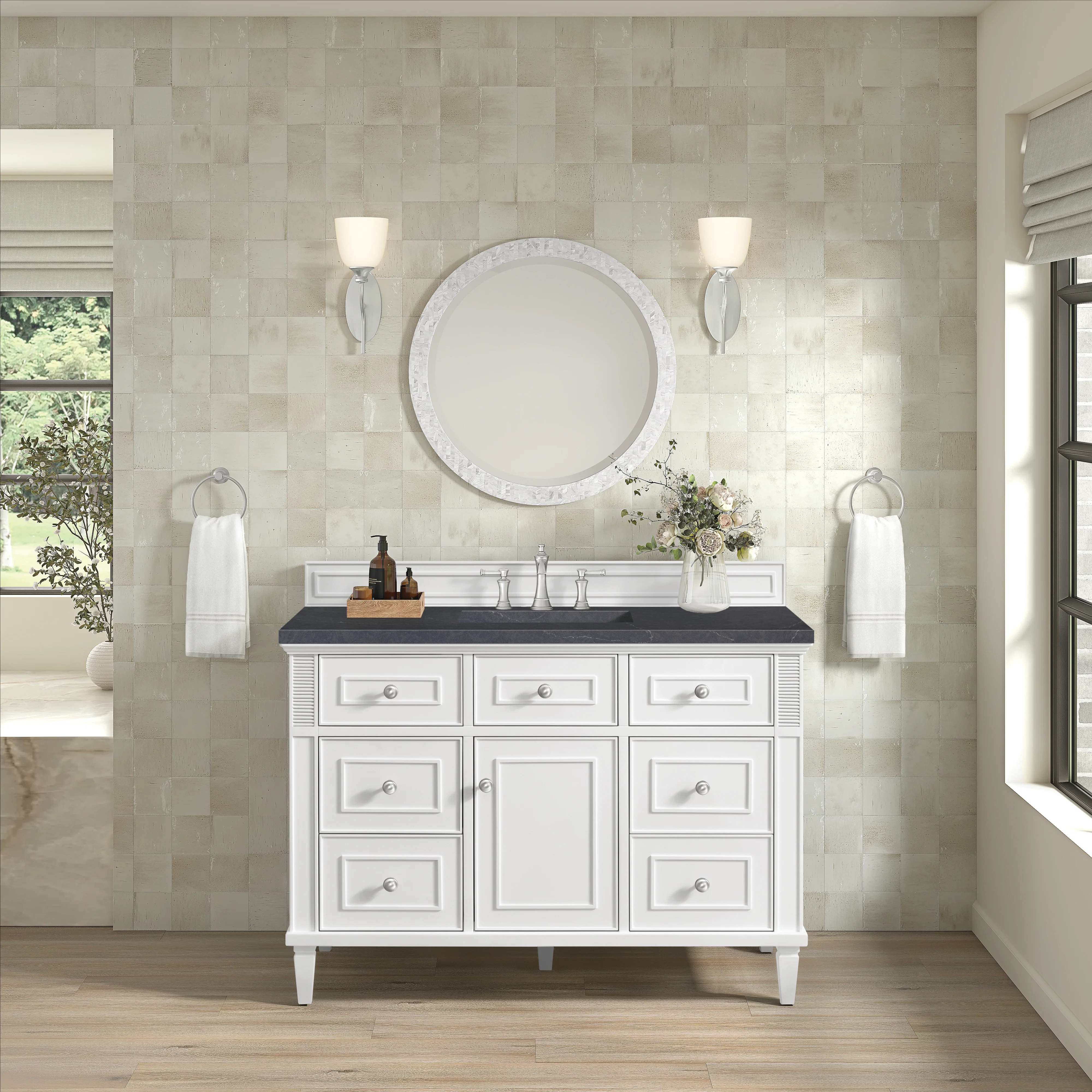 Lorelai 48" Single Vanity, Bright White w/ 3 CM Charcoal Soapstone Silestone Top