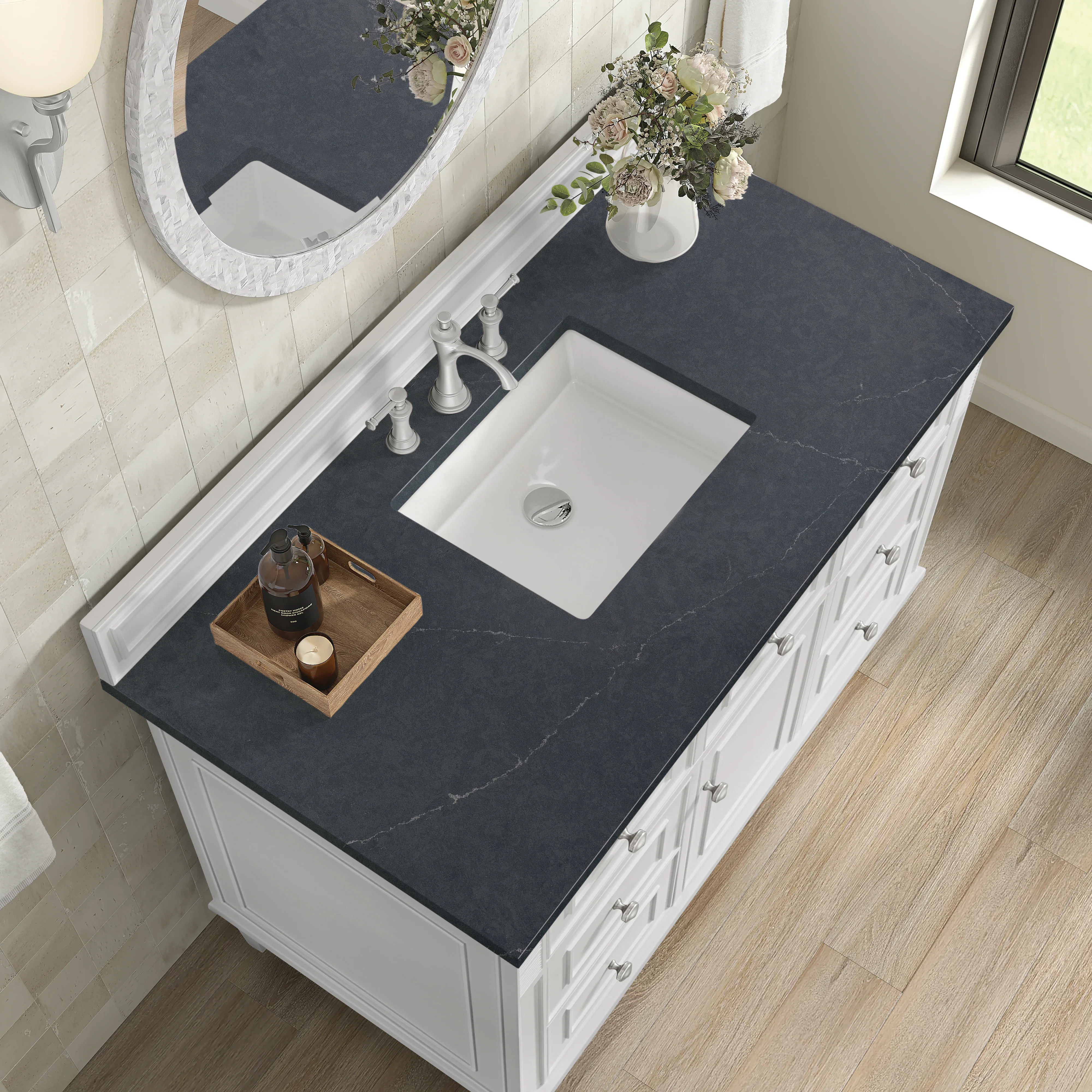 Lorelai 48" Single Vanity, Bright White w/ 3 CM Charcoal Soapstone Silestone Top