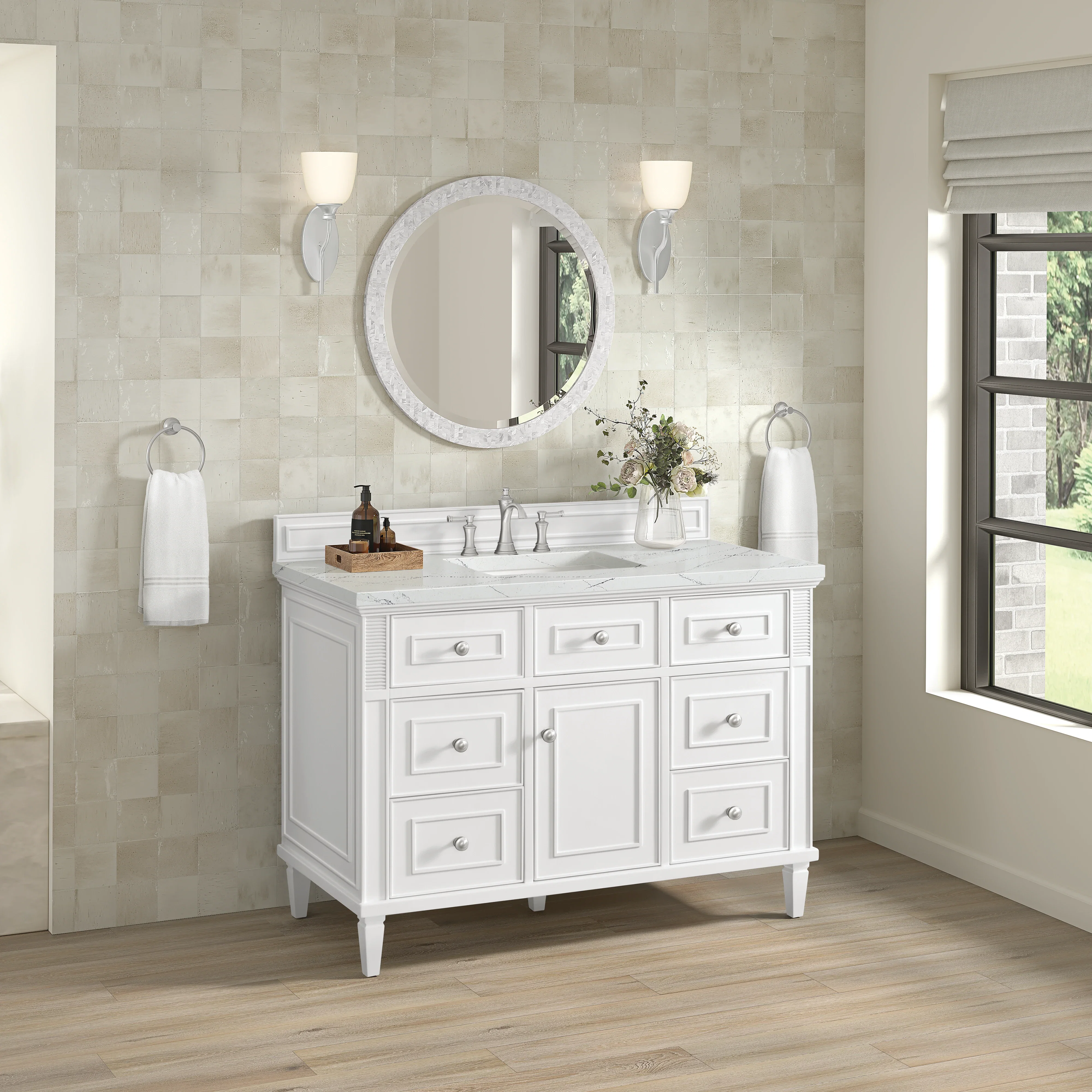 Lorelai 48" Single Vanity, Bright White w/ 3 CM Ethereal Noctis Silestone Top