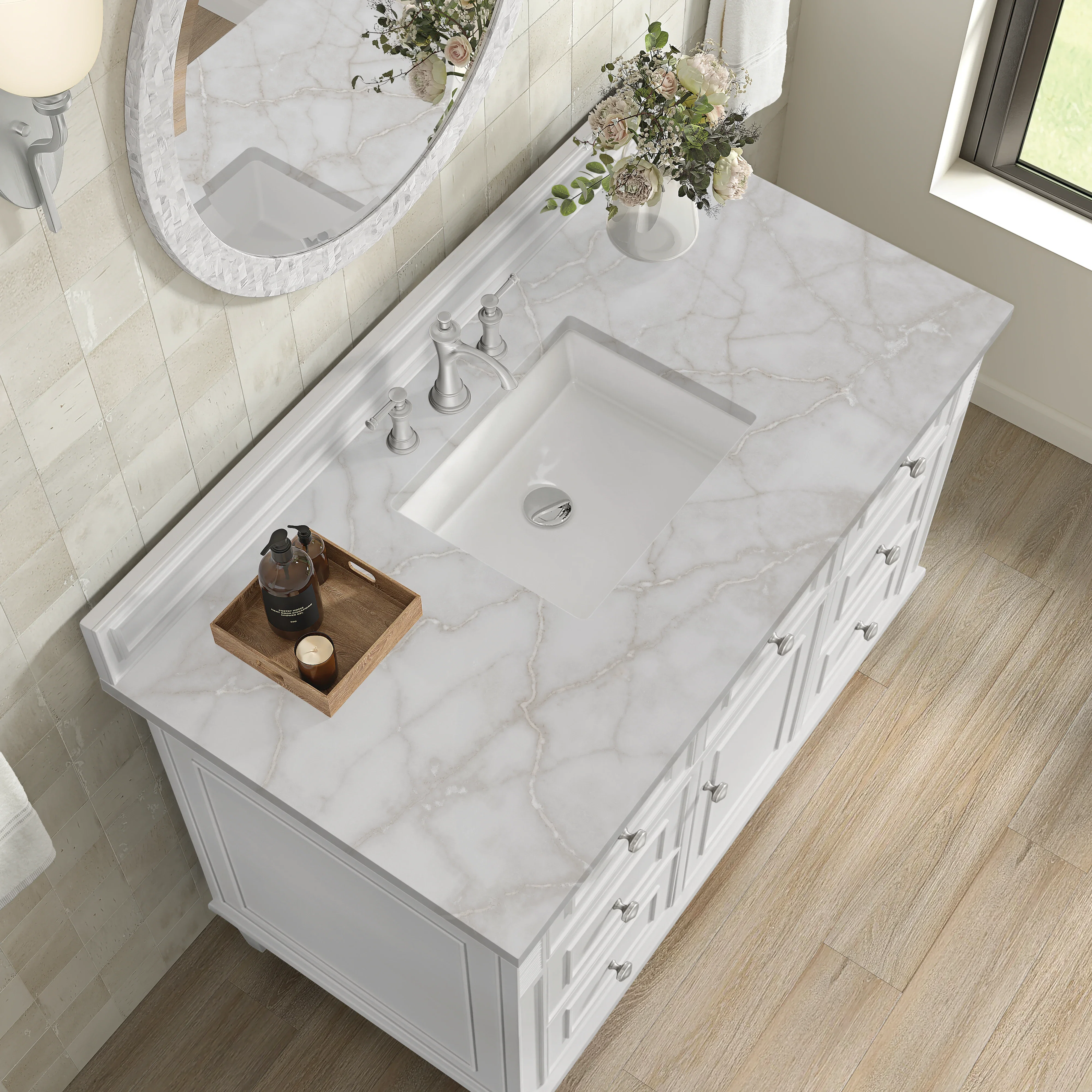 Lorelai 48" Single Vanity, Bright White w/ 3 CM Victorian Silver Silestone Top