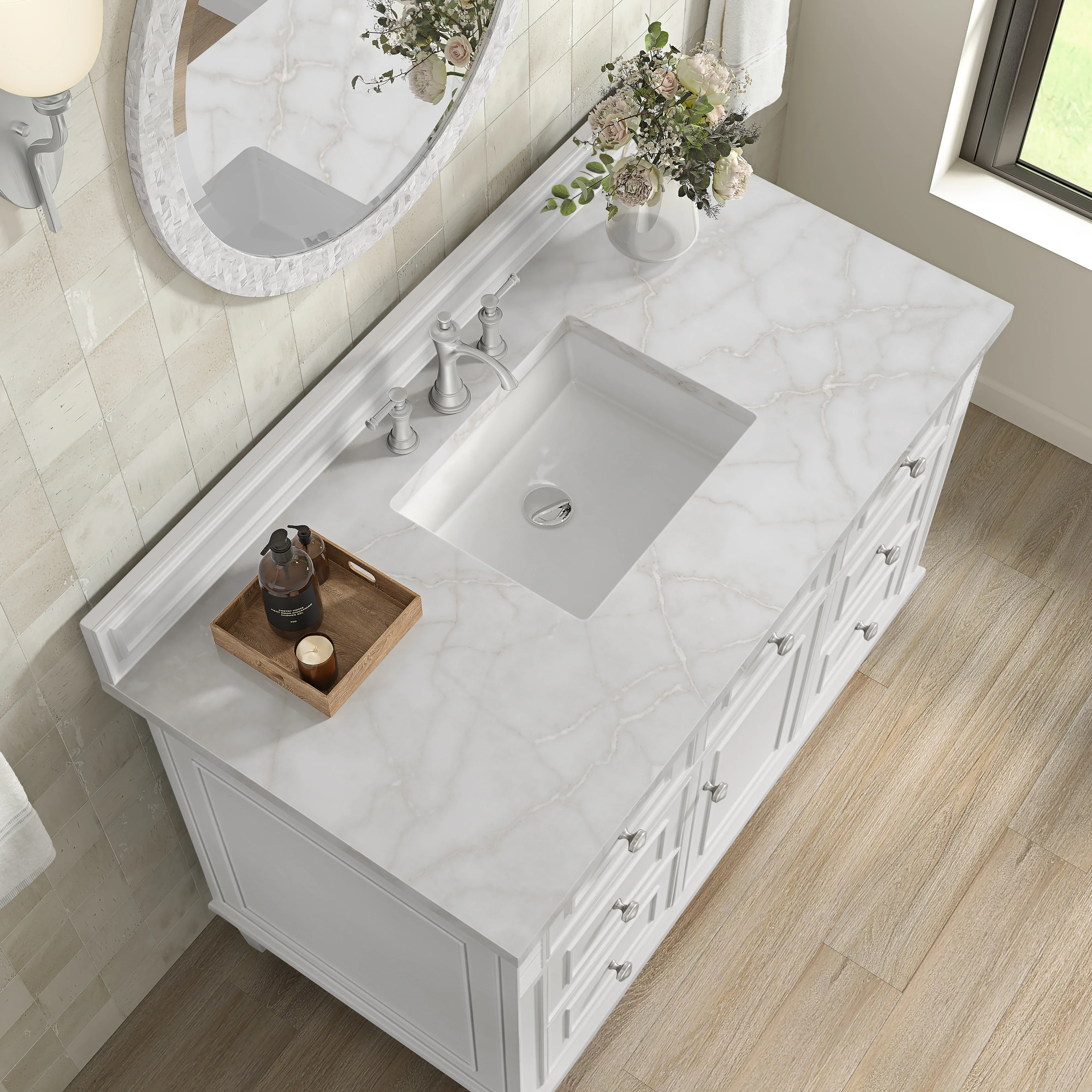 Lorelai 48" Single Vanity, Bright White w/ 3 CM White Zeus Silestone Top