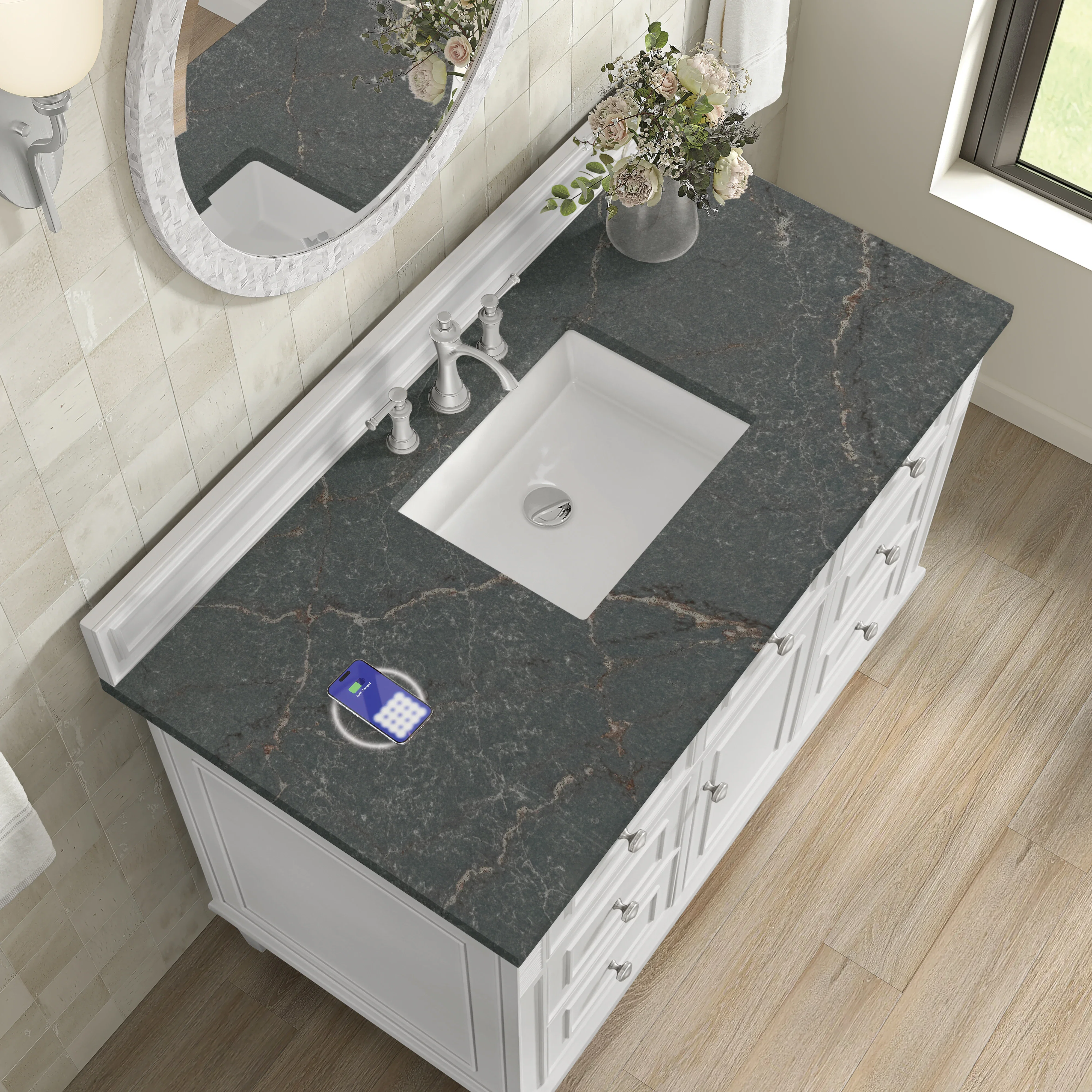Lorelai 48" Single Vanity, Bright White w/ 3 CM Parisien Bleu Silestone Top w/FreePower Wireless Charger
