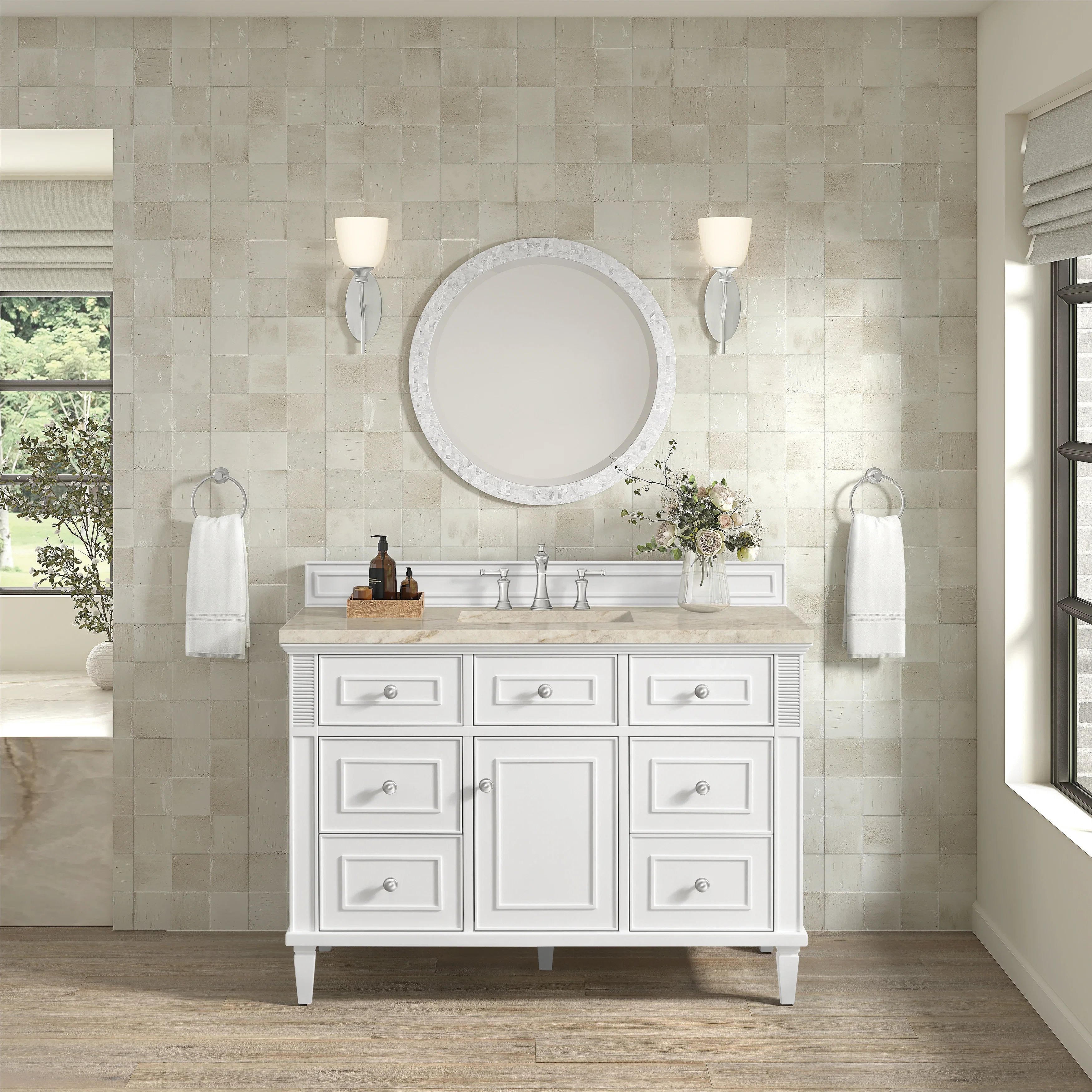 Lorelai 48" Single Vanity, Bright White, w/ 3 CM Tajnar Eclos Top w/FreePower Wireless Charger