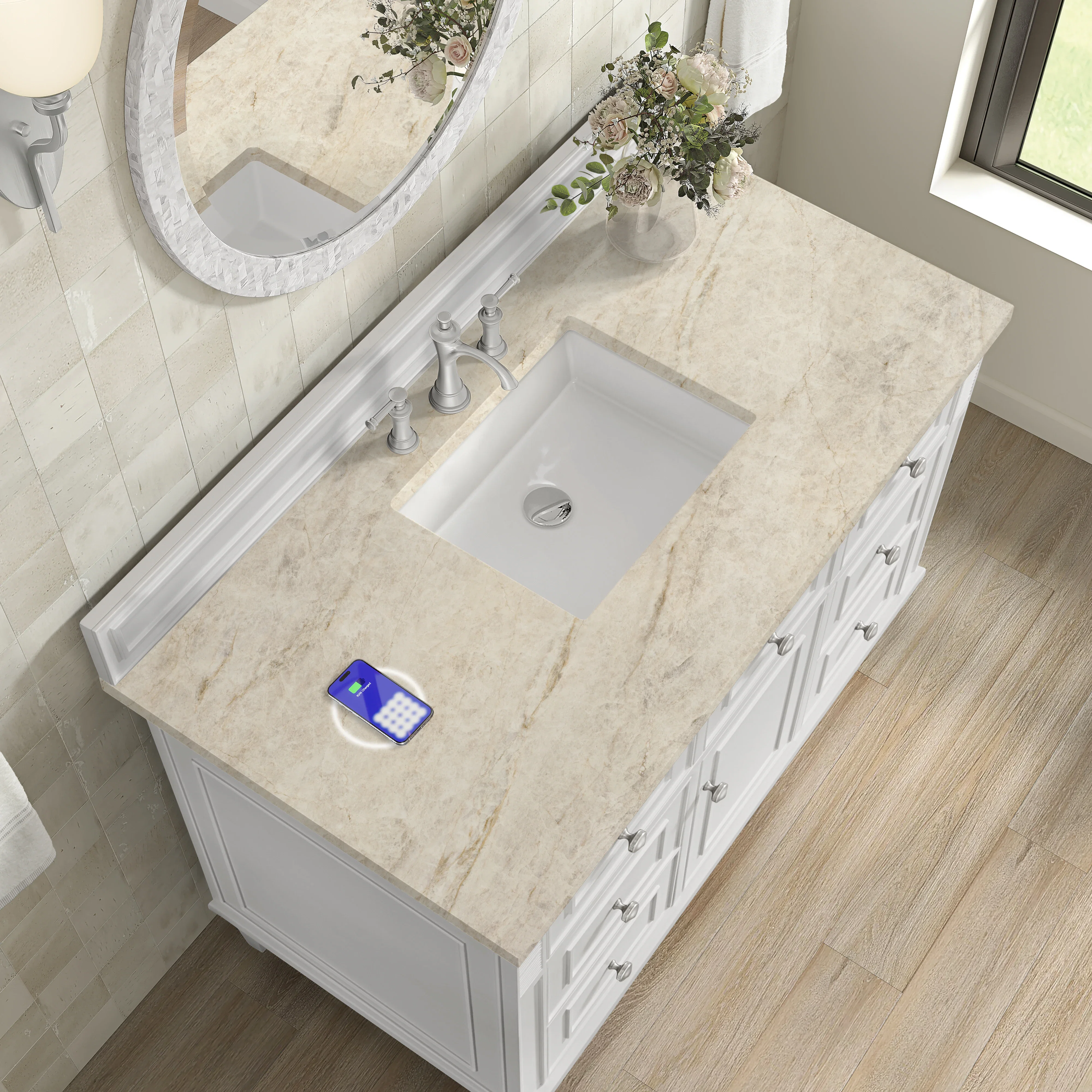 Lorelai 48" Single Vanity, Bright White, w/ 3 CM Tajnar Eclos Top w/FreePower Wireless Charger