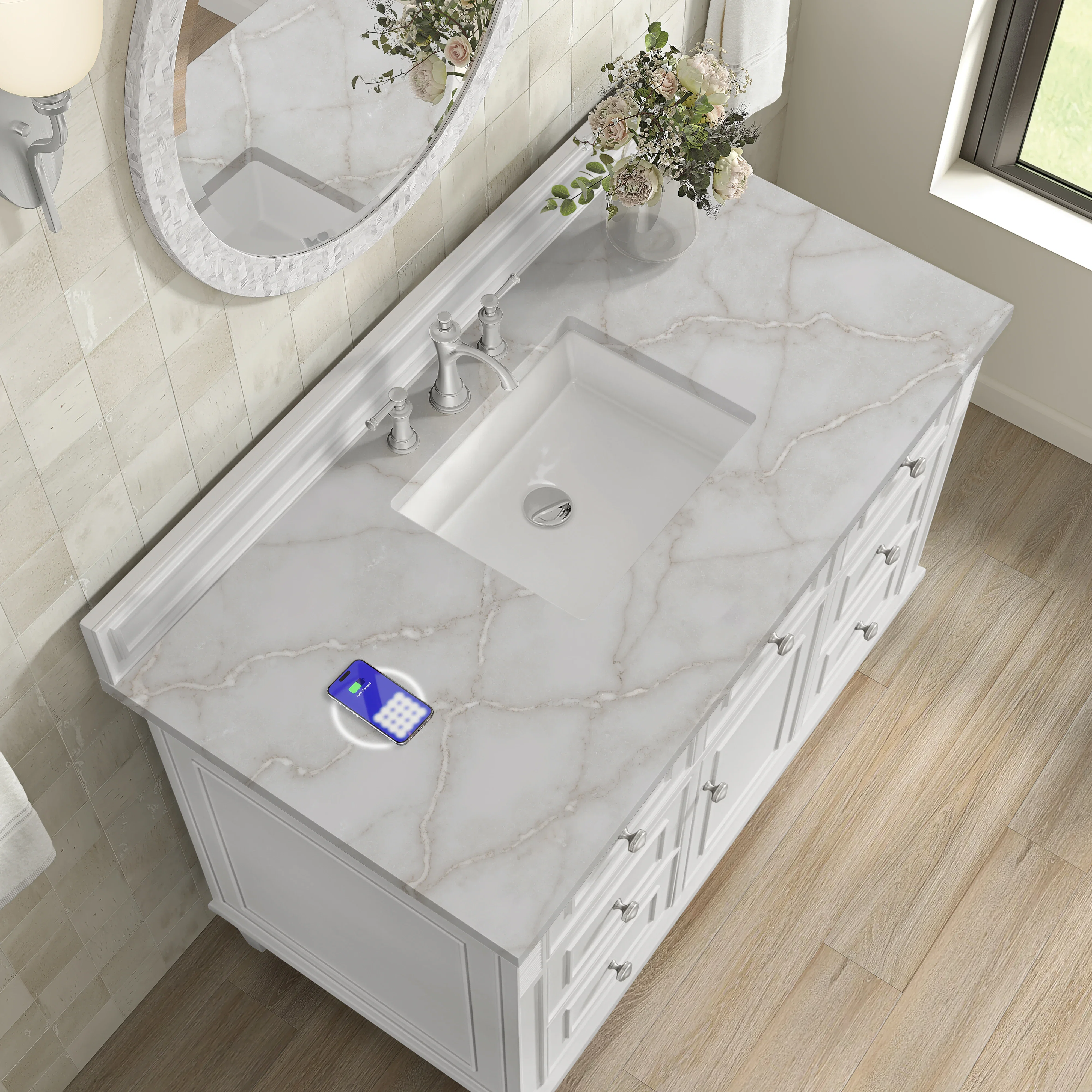 Lorelai 48" Single Vanity, Bright White w/ 3 CM Victorian Silver Silestone Top w/FreePower Wireless Charger