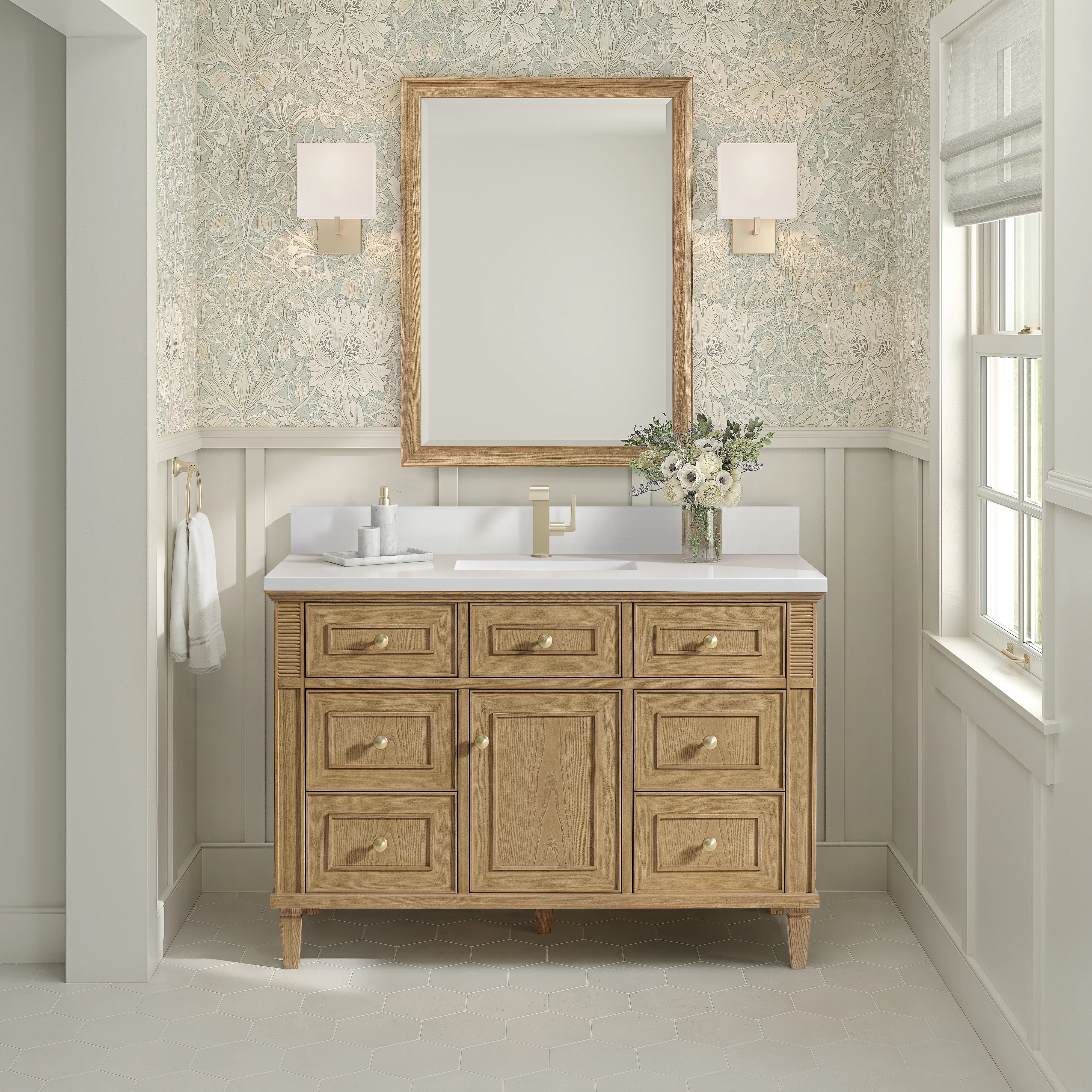 Lorelai 48" Single Vanity, Light Natural Oak w/ Single Hole 3 CM White Zeus Silestone Top & Backsplash